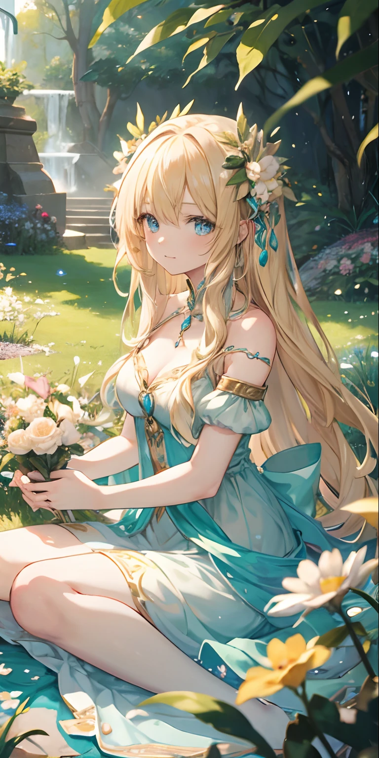 (master piece) 8k resolution, Fairy Queen, titania, beauty playing with fairies, long blonde hair with floral decoration, hazel eyes, turquoise eyes, soft smile, model style, fantasy style,