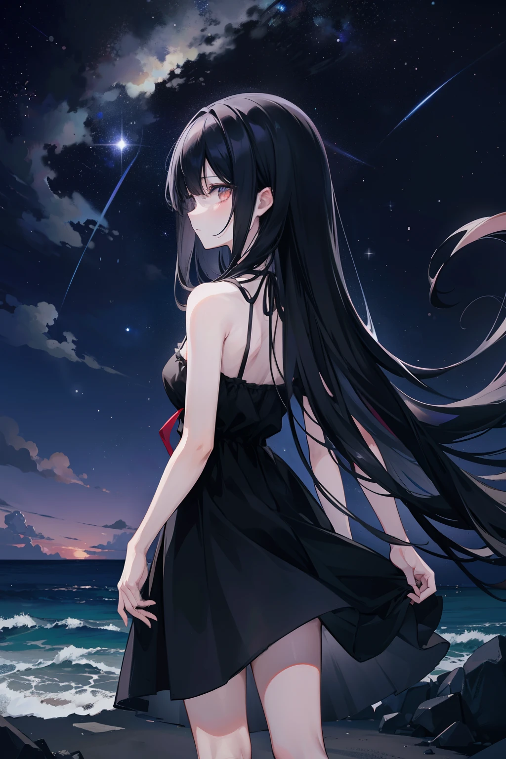 Anime girl, long black hair, in a dark dress, back facing the viewer, zoomed out, looking into the dark night sky filled with stars, dark environment, standing by the beach at night time, dark surroundings, 8k, high resolution, zoomed out