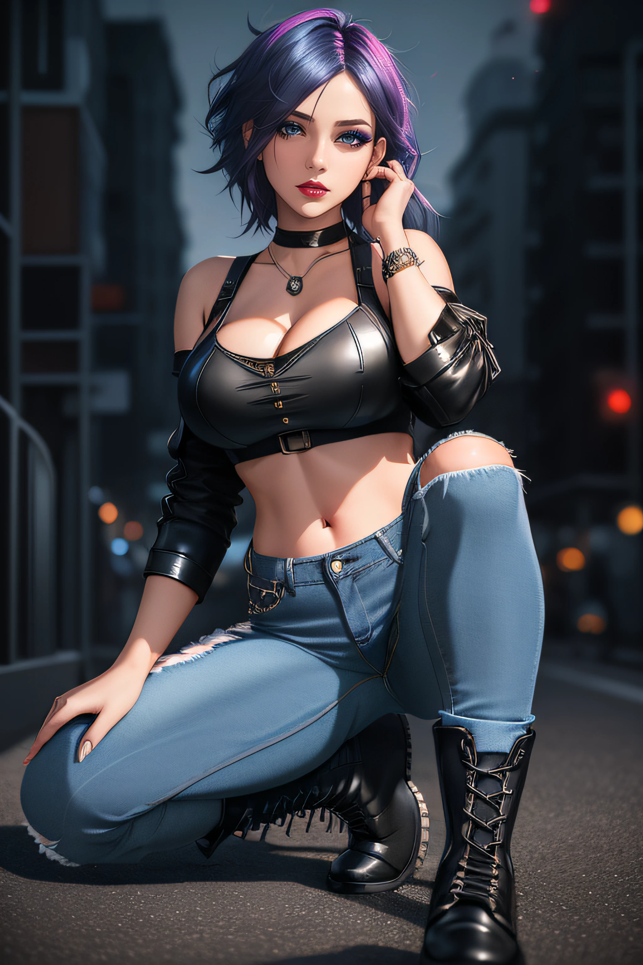 beautiful girl, full body, short bright blue dishevelled hair, black eyeshadow, (street style wear:1.2), ((tight fitted denim jeans)), ((knee high leather boots)), (deep cleavage), (dark city night background:1.2), dark makeup, digital art, trending on artstation, highly detailed, fine detail, intricate, beautiful detailed glow, detailed, Cinematic light, high-res, detailed facial features, sharp focus, smooth, aesthetic,