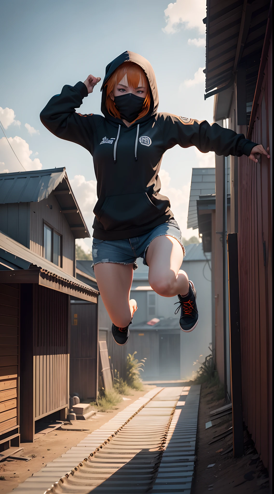 1 female 20 years old, medium orange hair, orange eyes, angry eyes, determined eyes, sharp eyes, wearing black hooded jacket, put on hood, hood up, cover her face with a hood, hide face, wearing jean shorts, wearing black shoes, hand holding hunting knife, raise the knife forward, from the front, front view, sliding on the corrugated iron roof, both legs contract, grounding, prepare to land, eyes looking down, slightly bent down, slightly at the back, falling, jumping, she jumped in the air, she is floating in the air, jump, dramatic action photography, full body, full character, feet on the ground, left hand resting on the floor, face looking forward, the roof is made of corrugated iron, rooftop, above the alley, power poles, window on the far side, late afternoon, are on the 2nd floor, sky, dynamic low angle shooting, extremely detailed, best graphics, 8k, ultrasharp, masterpiece