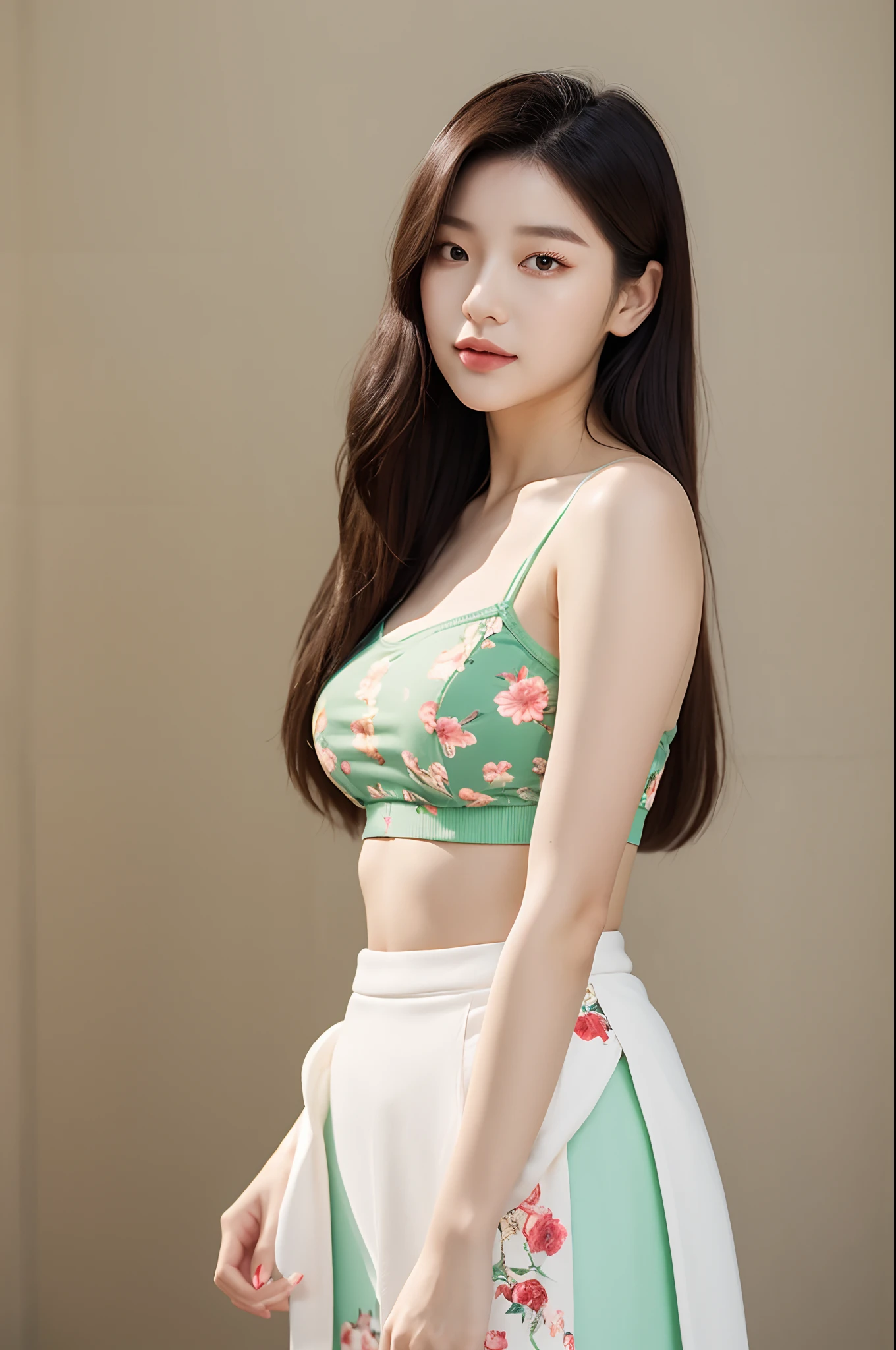 a woman in a floral crop top and mint skirt posing for a picture, croptop, crop top, bralette, wearing white camisole, bae suzy, wearing a camisole, physical : tinyest midriff ever, gorgeous young korean woman, heonhwa choe, cutecore, lulu chen, reluvy5213