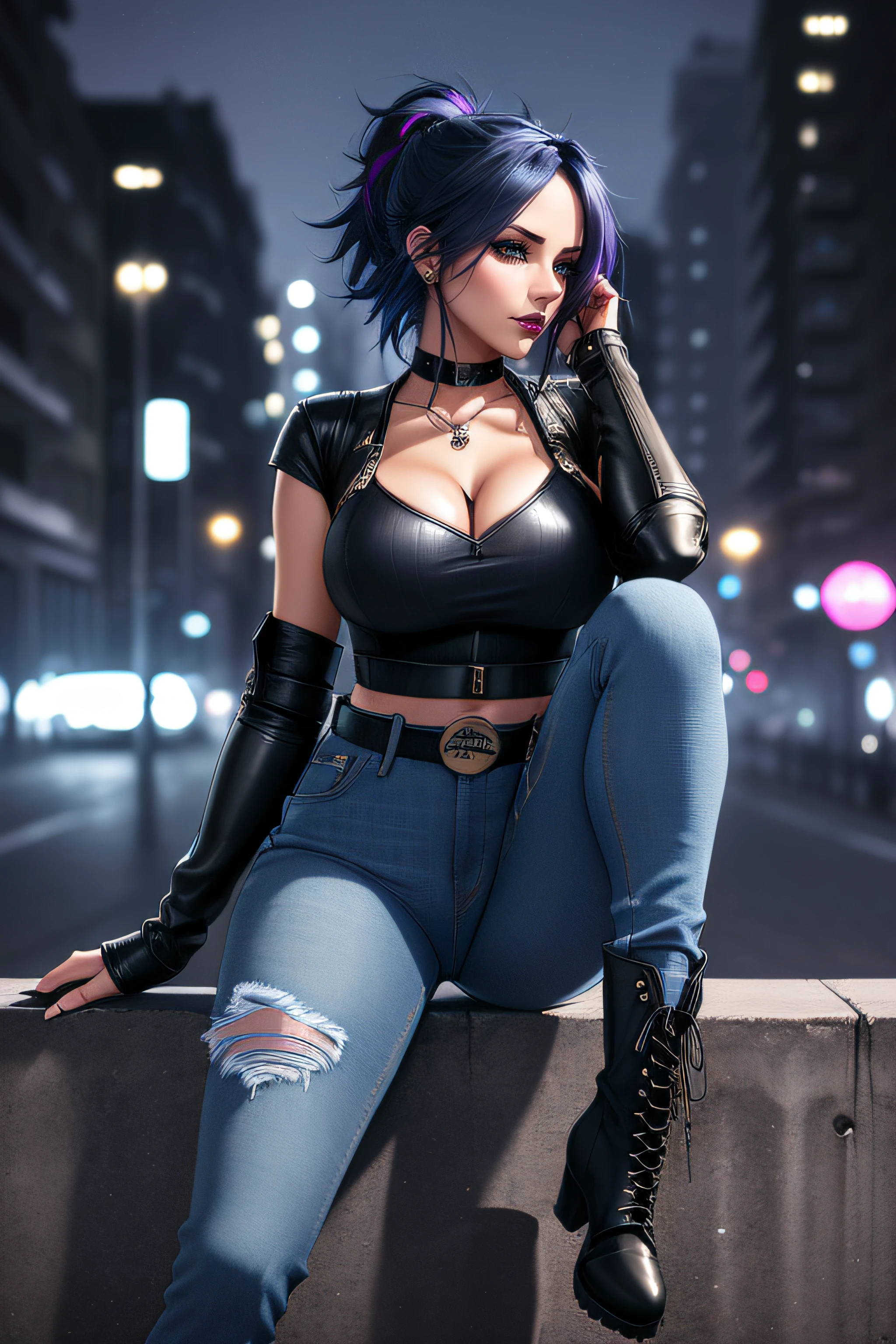 beautiful girl, full body, short bright blue dishevelled hair, black eyeshadow, (street style wear:1.2), ((tight fitted denim jeans)), ((knee high leather boots)), (deep cleavage), (dark city night background:1.2), dark makeup, digital art, trending on artstation, highly detailed, fine detail, intricate,  beautiful detailed glow, detailed, Cinematic light, high-res, detailed facial features, sharp focus, smooth, aesthetic,