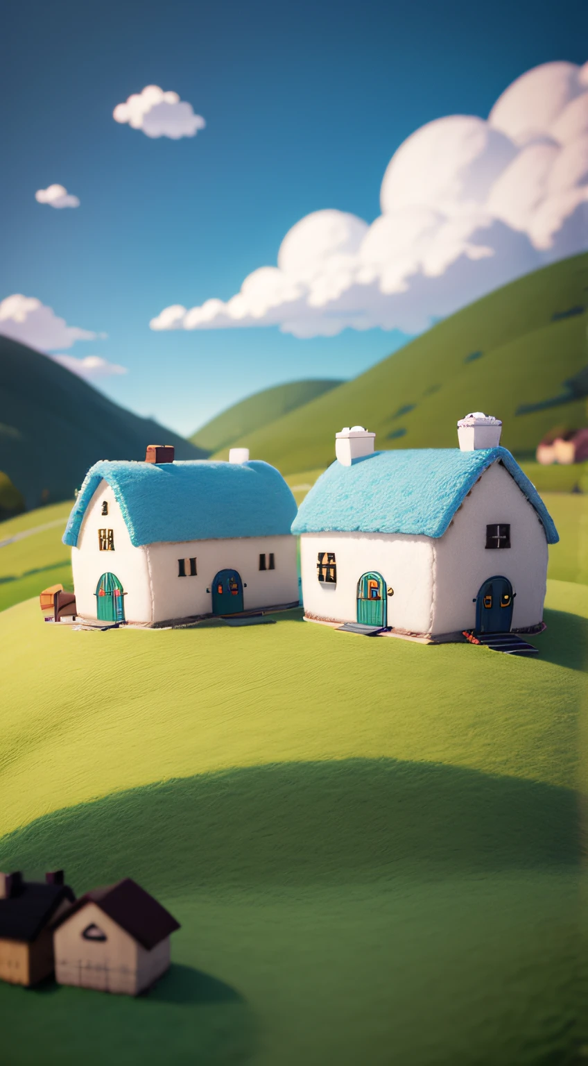 cute world of wool felt, wool knitted fabric, colorful house, cartoon, big farms, sheeps, green grass, snowy mountrain, flower, super cute, superb lighting, volumetrics, by Jon Klassen, Ghibli Studio style, Tilt - shift, 80mm lens, Large aperture, 3d, blender, masterpiece, super detail, best quality