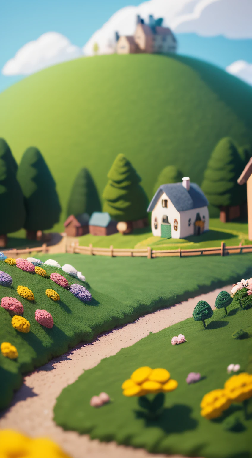cute world of wool felt, wool knitted fabric, colorful house, cartoon, big farms, sheeps, green grass, snowy mountrain, flower, super cute, superb lighting, volumetrics, by Jon Klassen, Ghibli Studio style, Tilt - shift, 80mm lens, Large aperture, 3d, blender, masterpiece, super detail, best quality