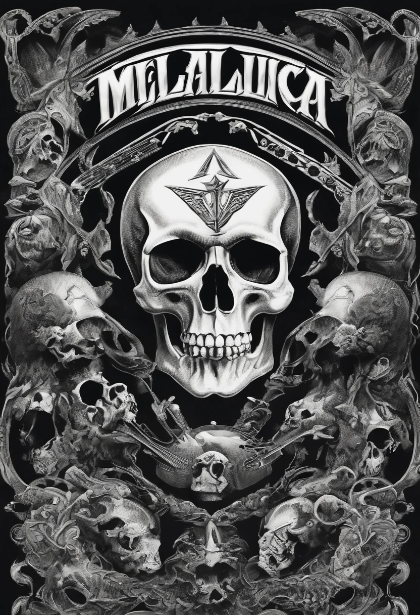 Sandan folklore character, black and white painting, logo of the rock band Metallica on the back, with skulls around