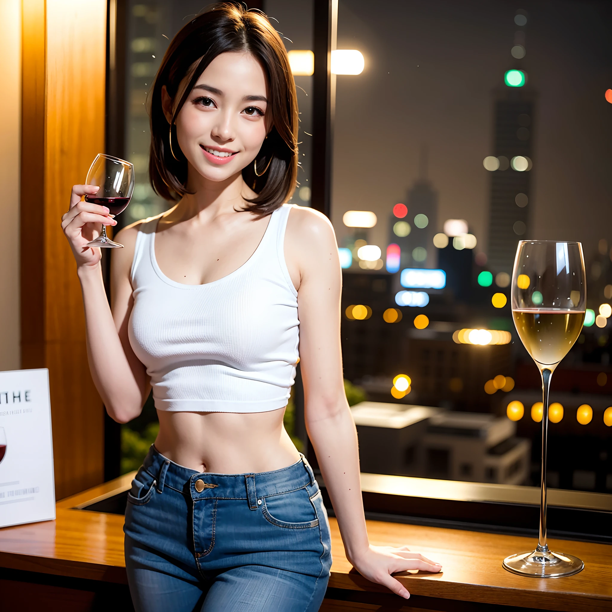 (64K, UHD, top quality, masterpiece: 1.2), (realistic, photorealistic: 1.37), super detailed, pretty woman 1 person, (slim face), (slim body), (brown hair), (short cut), cheeks slightly blushing, (35 years old), 38 years old, solo, beautiful detailed urban night view outside the window, restaurant, wine glasses sit, at night, in a prominent place (from the waist up) NovaFrogStyle, Actress, Model, Waist Up, White Wine, Slim, Wine Glass, Super Clean Night View, Wine Glass Put in the Middle, Happy Smile, (Smile: 1.15), Beautiful Fine Eyes, Upper Body, Bust Japan Up, Night, Short, Short, Actress, Model, Waist Up, White Wine, Slim, Wine Glass, Super Clean Night View, Wine Glass Put in the Middle, Happy Smile,