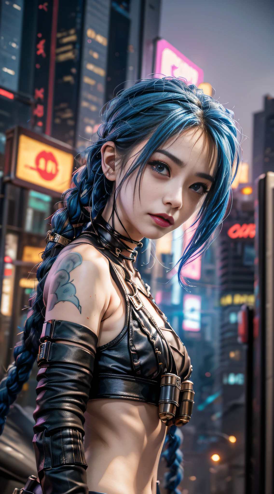 （Cyberpunk Cityscape 1.5）((Jinx), (Ultra-wide angle lens 1.5 ), self-shot, Cowboy shot, Wind,, cyberpunk city landscape, (Aesthetics and atmosphere:1.2),Grim expression，irate，tosen