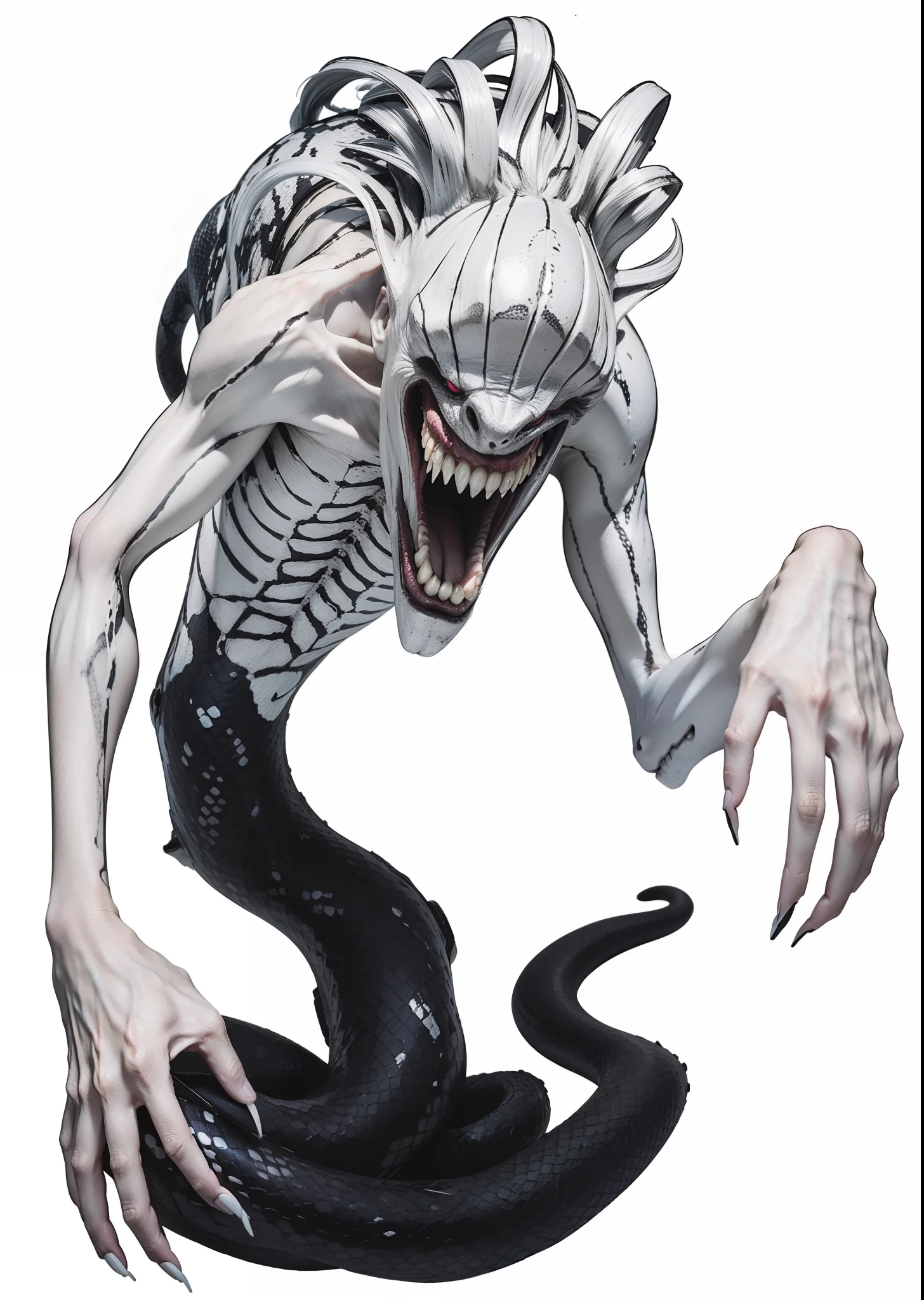 Real life adaption of this monster, it's name is Rika from anime Jujutsu kaisen, front view,Creepy face,no eyes,snake like hair,big teeths,long hands and nails,white skin,black bottom,realistic light,realistic shadow,realistic background,(photorealistic:1.2)