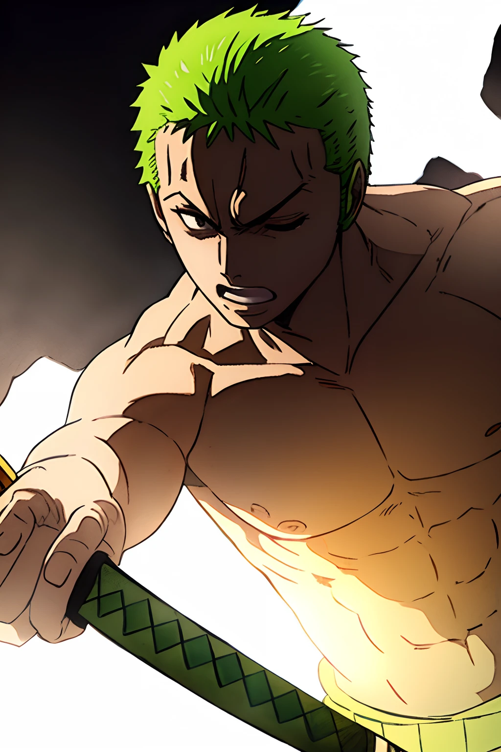 1boy, wanostyle, roronoa zoro, angry looking, katana, (one eye closed), scar across eye, green hair. solo, upper body, (((masterpiece))), ((best quality)), (extremely detailed), watercolor, illustration, depth of field, sketch, dark intense shadows, sharp focus, soft lighting, hdr, colorful, good composition, fire all around, spectacular, black eyes, japanese clothes,