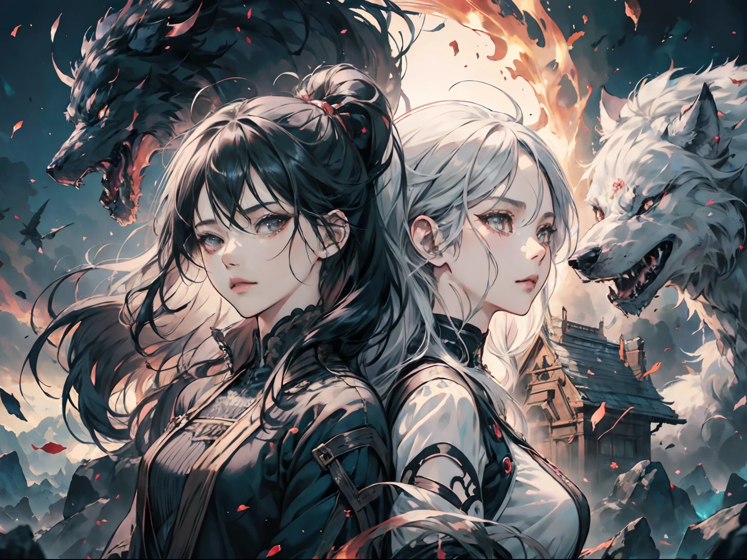 Anime, Two women back to back, Woman with gray hair and woman with long black hair、Battle for fire, Fade-in depiction of black and white wolves、Asymmetrical background、anime fantasy artwork, anime fantasy illustration, artgerm and atey ghailan, official artwork, anime style 4 k, artgerm and rossdraws, two beautiful anime girls, epic light novel art cover, artgerm and genzoman