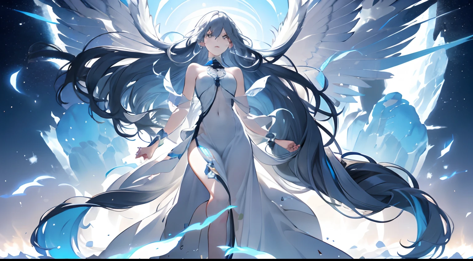 Rising Flash、Cracking Earth、Stand strong with your feet on the ground、Front power-up、Heroic proportions, body symmetrical anatomy,, Features of a symmetrical body, body meshes, slender symmetrical body, realistic body structure, Symmetrical body、Loss of fighting spirit、18yo woman、long hair with blue highlights on gray hair,、Hollow look、Hollow eyes、Depiction of falling from heaven by gravity、long hair that is disheveled、Torn clothes、Soaring ice、Blue haze、Blue、Side Camera Angle、Falling