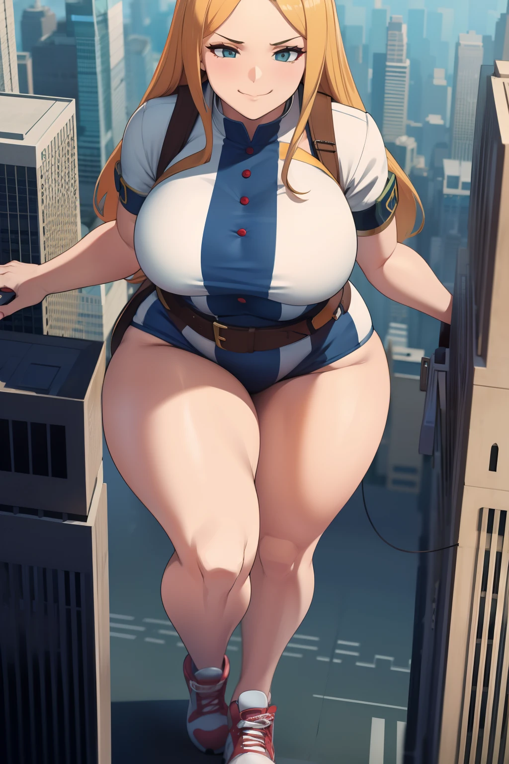 GTS, giantess, curvy, busty, smirk, evil, thick thighs, walking, aerial view