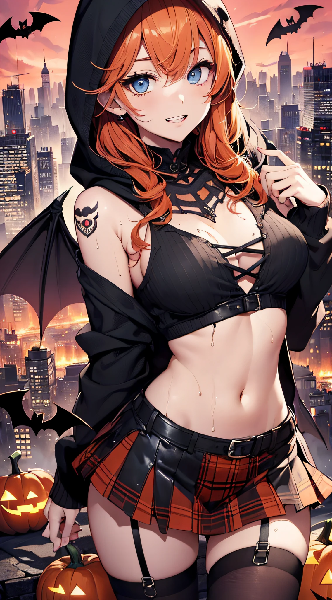 (best quality,4k,highres,masterpiece:1.2),ultra-detailed,vibrant colors,realistic,horror,portrait:1.1,a beautiful and alluring vampire woman with large bat wings, flowing red hair, and mesmerizing red eyes, revealing neckline, night, cityscape, blood, eerie lighting, big boobs