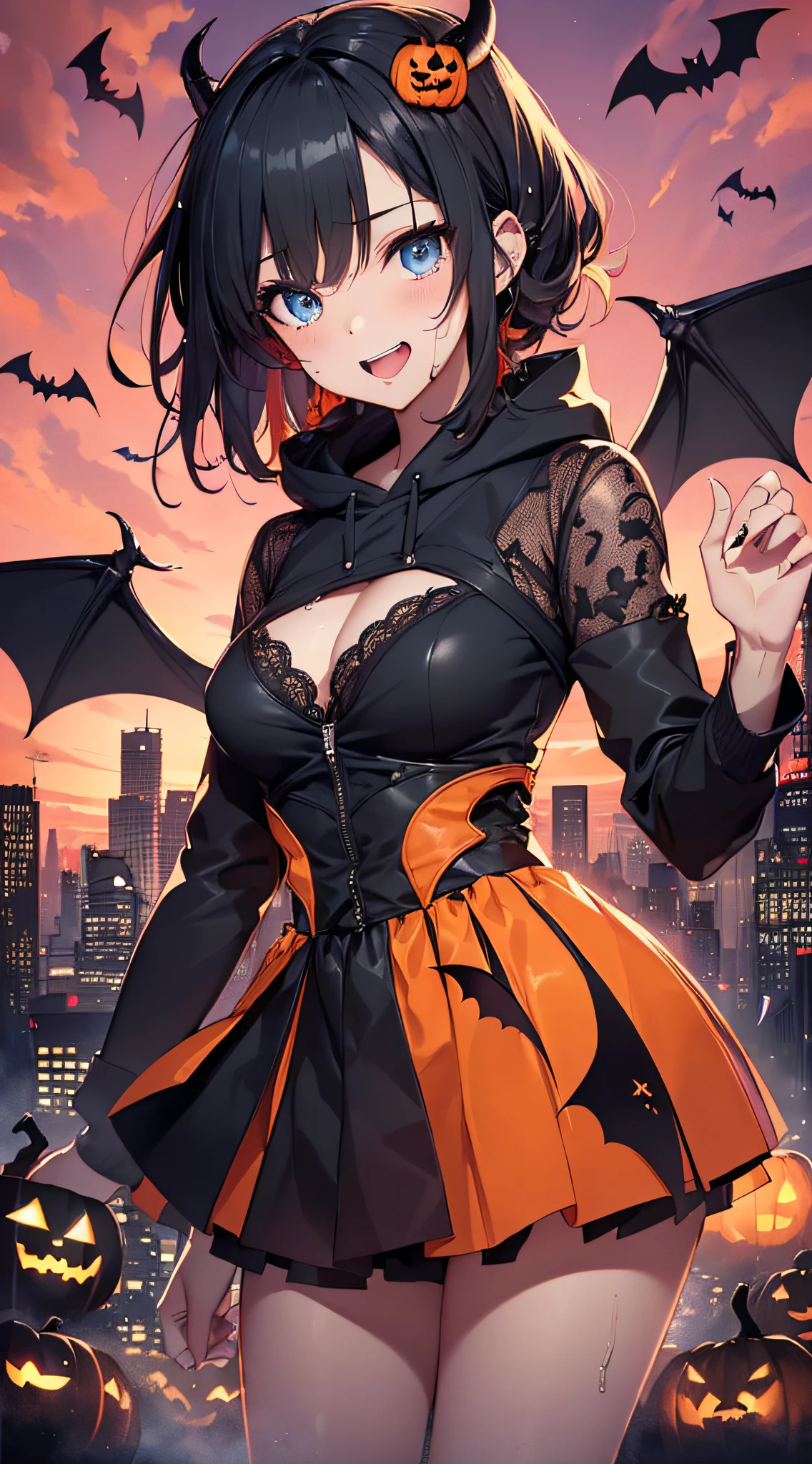 top-quality、Top image quality、masterpiece、teens girl((18year old,Succubus、Black and orange tattered tank top,Tattered orange and black short skirt、Tattered orange short-sleeved hoodie、Wearing a hood,Best Bust、Bust 85、A dark-haired、Longhaire,Blue eyes、open chest wide、Valley、Happiness、A slender、the whole body is wet、Leaning forward、Prank、Laughing mouth、Pointed teeth、Black wings、Pampering、Emphasis on the chest、clow pose、Bats tattoo))hiquality、Beautiful Art、Background with((A city scape、Red sky、Halloween at night、the bats、pumpkins,Nightmare))、masutepiece、Elaborate design、visualart、Theatrical films