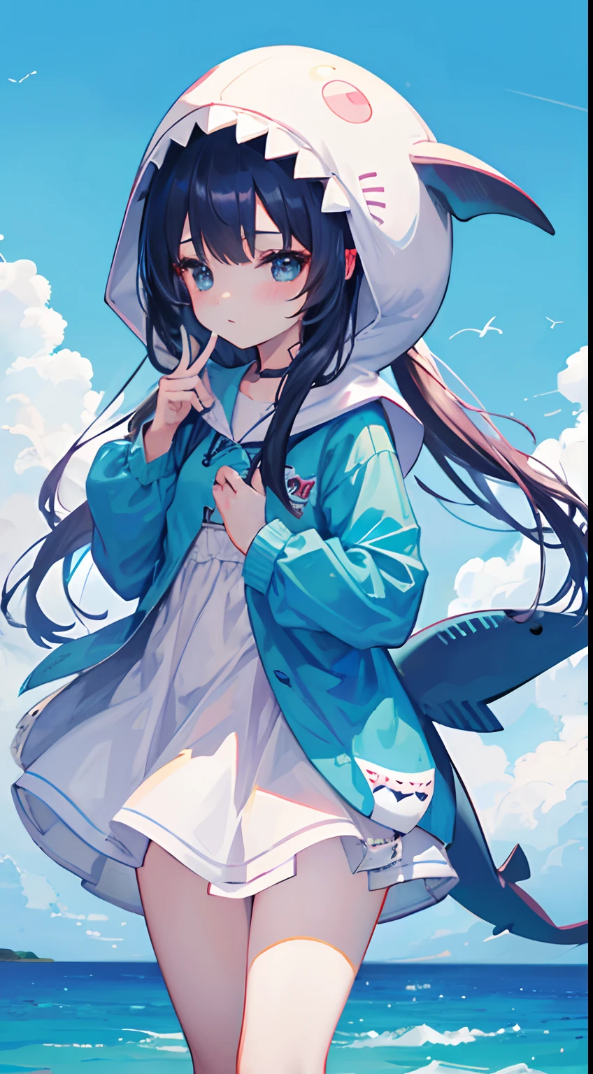 hight resolution、hightquality、ultra-detailliert、8k wallpaper、1 girl in、kawaii、Wearing a shark costume、Kamimei、Melancholy is in the air、Lovers、5 fingers