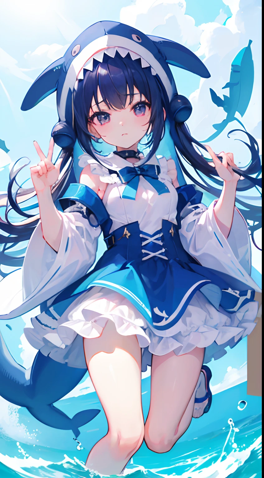 hight resolution、hightquality、ultra-detailliert、8k wallpaper、1 girl in、kawaii、Wearing a shark costume、Kamimei、Melancholy is in the air、Lovers、5 fingers