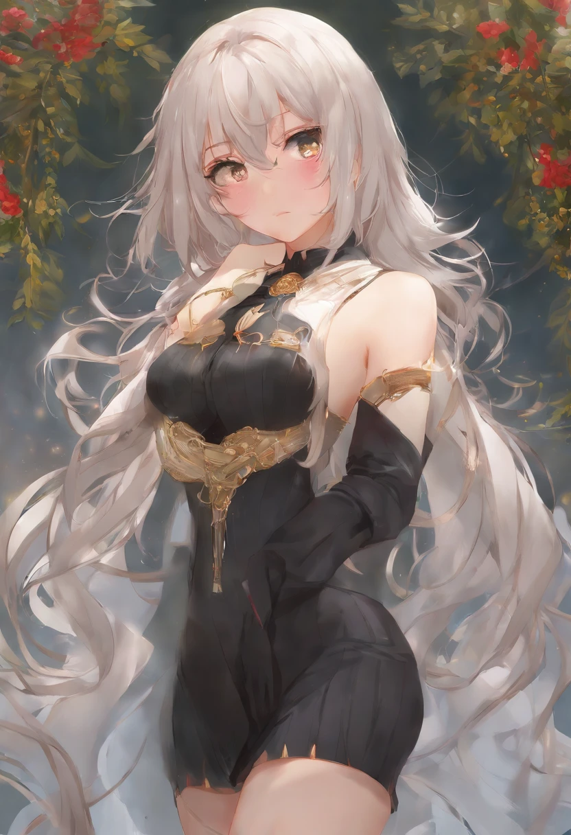 (Landscape photo, with a woman in the bottom right of photo:1.5, in white garden:1.5), Masterpiece, best quality, (very detailed CG unity 8k wallpaper), (best quality), High definition RAW color art, Animation,sculptures, (black Marble Skin), (((Ultra detailed elegant))), Magical atmosphere, Detailed skin, Texture,(Intricately detailed, Fine detail, ultra-detail art), depth of fields, Bokeh, Silky Touch, Hyper Detail, beautiful eyes, elegant face, (lying on floor, upper body focus), sparkle background, enormous breast:1.3, (silver hair), pure white, pose, muscle, embarrassing face, rose, light