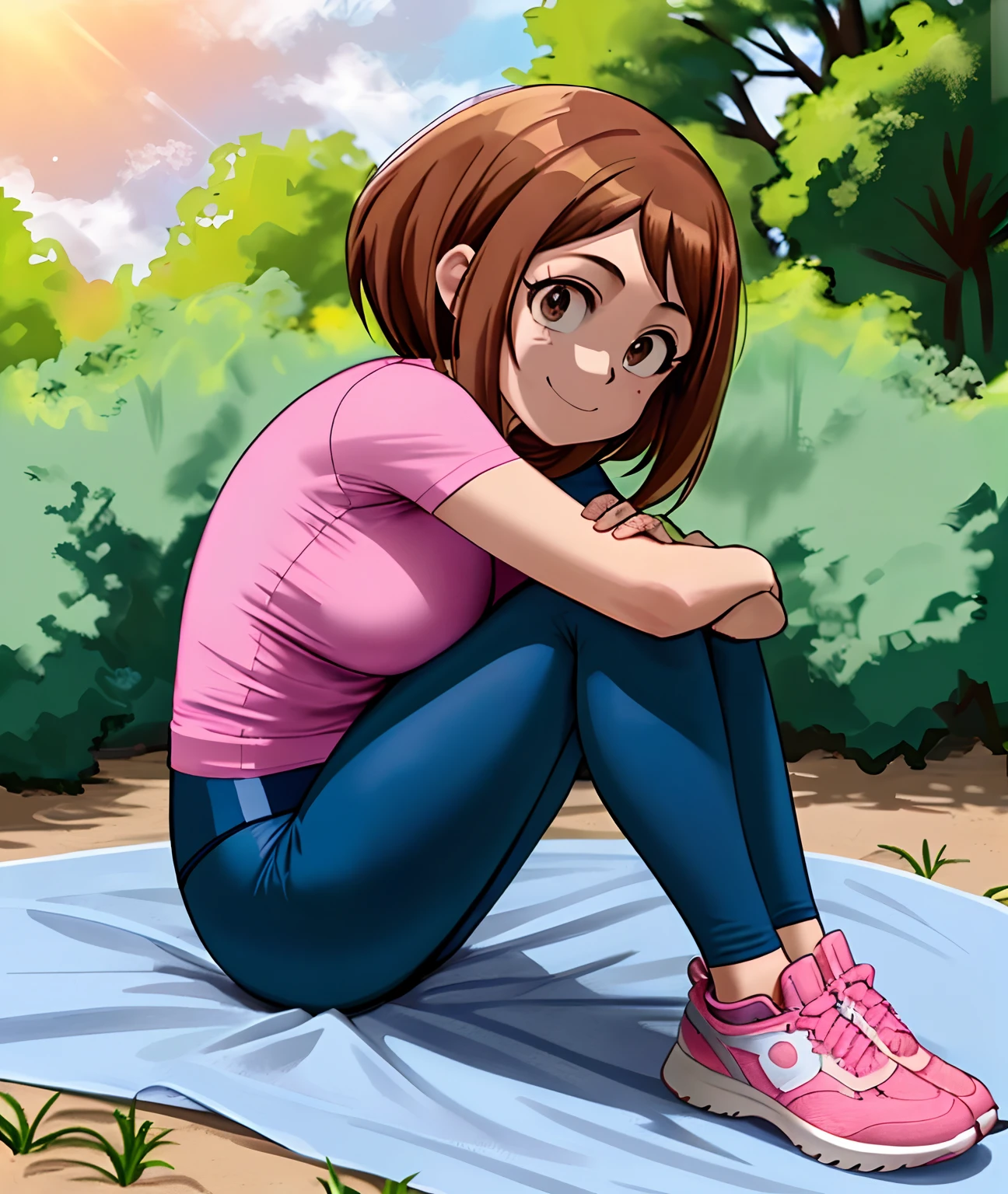 [ochako uraraka], [Boku no hero academia], ((masterpiece)), ((HD)), ((high quality)), ((solo portrait)), ((front view)), ((full body)), ((anime)), ((Kohei Horikoshi)), ((detailed shading)), ((cel shading)), ((intricate details)), ((cinematic lighting)), {ochako, (rosy cheeks), (cute round brown eyes), short brown hair, short eyelashes, large boobs, (gorgeous hips), (beautiful legs), (excited smile), white teeth)}, {(pink tee shirt), (blue spandex yoga pants), (pink sneakers)}, {(sitting on picnic blanket), (looking at viewer)}, [Background; (park), (blue sky), (sun rays)]