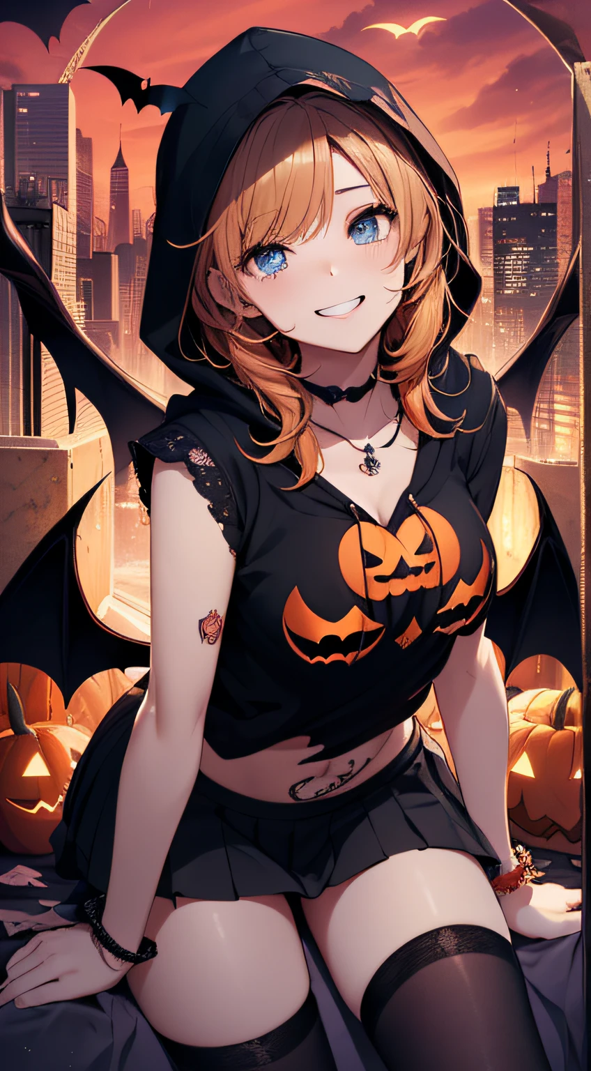 top-quality、Top image quality、masterpiece、s girl((18year old,Succubus、Black and orange tattered tank top,Tattered orange and black short skirt、Tattered orange short-sleeved hoodie、Wearing a hood,Best Bust、Bust 85、A dark-haired、Longhaire,Blue eyes、open chest wide、Valley、Happiness、A slender、Blood coating、Leaning forward、Prank、Laughing mouth、Pointed teeth、Black wings、Pampering、Emphasis on the chest、clow pose、Bats tattoo))hiquality、Beautiful Art、Background with((A city scape、Red sky、Halloween at night、the bats、pumpkins,Nightmare))、masutepiece、Elaborate design、visualart、Theatrical films