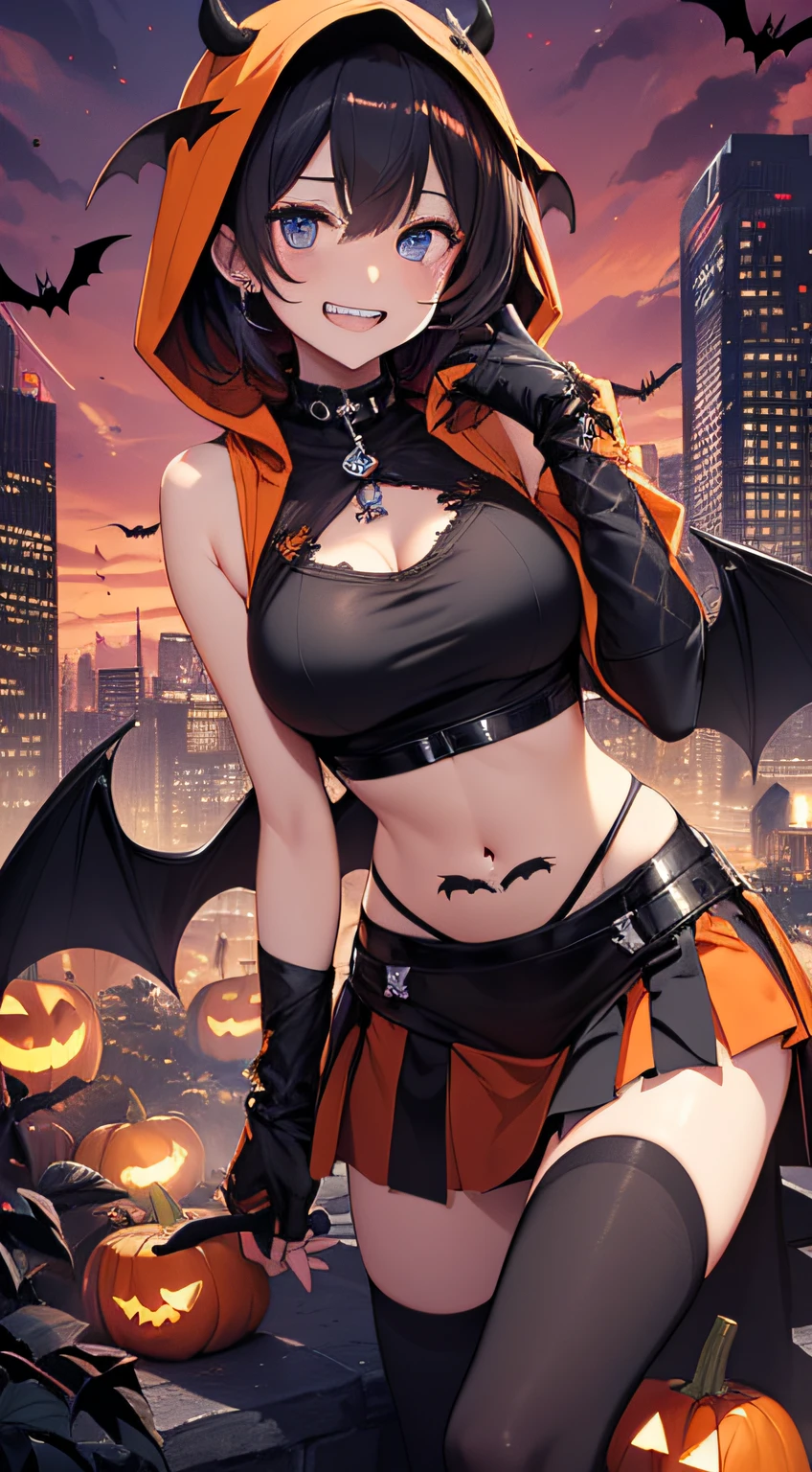high resolution, Describes the background extensively, blush, magical girl, sister, solo, witch, Halloween, smile, Bat wings on back, Wear black knee-high socks that go all the way up to the thigh., hair behind ear, wariza, Halloween Pumpkins, medium naked boobs with nipples, sexy, porn, x hair ornament, hair dyed brown, bobbed hair, thighs, boots, moonlight, anime style, dutch angle, best quality, super detail, textured skin, UHD, 4K