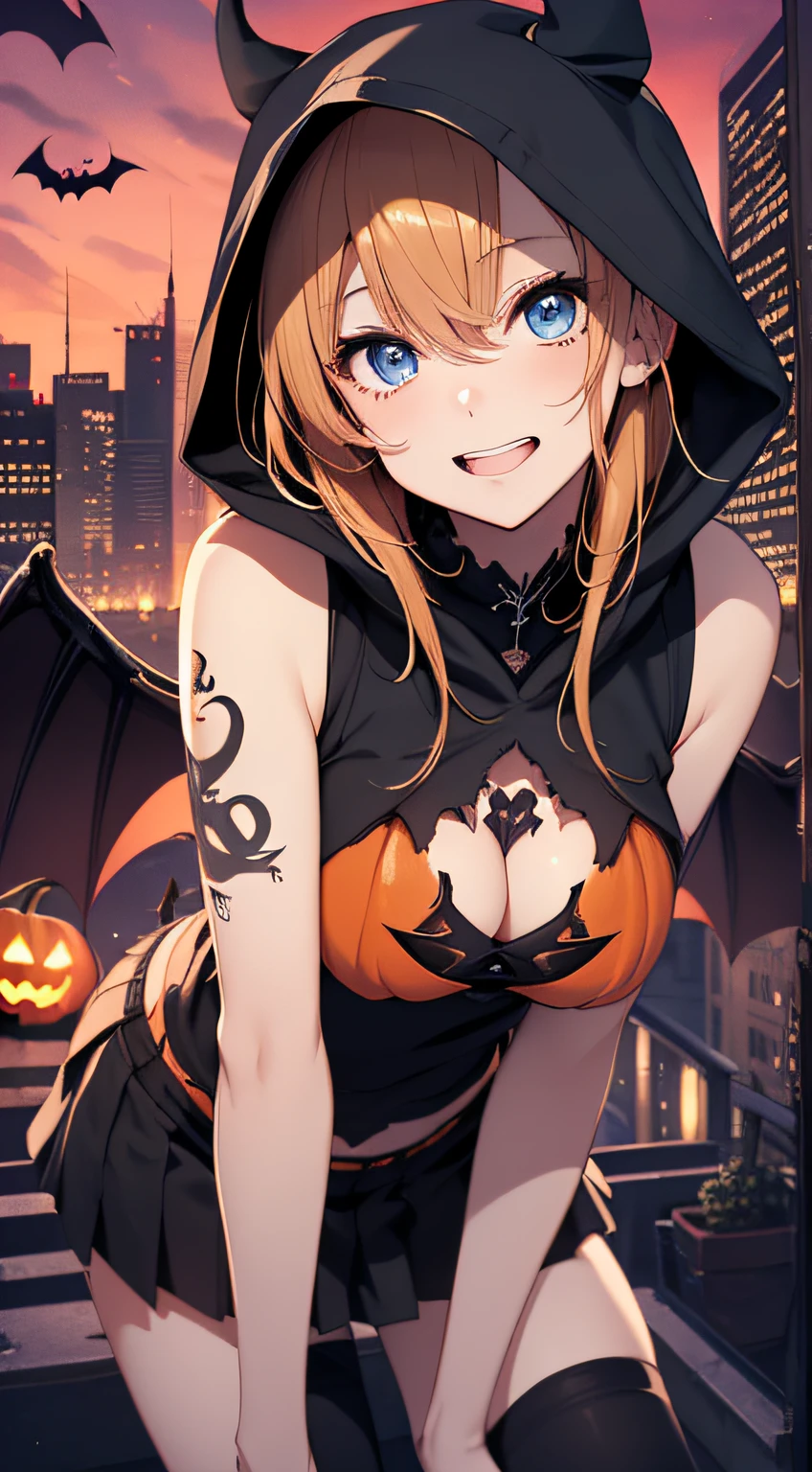top-quality、Top image quality、masterpiece、teens girl((18year old,Succubus、Black and orange tattered tank top,Tattered orange and black short skirt、Tattered orange short-sleeved hoodie、Wearing a hood,Best Bust、Bust 85、A dark-haired、Longhaire,Blue eyes、open chest wide、Valley、Happiness、A slender、Blood coating、Leaning forward、Prank、Laughing mouth、Pointed teeth、Black wings、Pampering、Emphasis on the chest、clow pose、Bats tattoo))hiquality、Beautiful Art、Background with((A city scape、Red sky、Halloween at night、the bats、pumpkins,Nightmare))、masutepiece、Elaborate design、visualart、Theatrical films