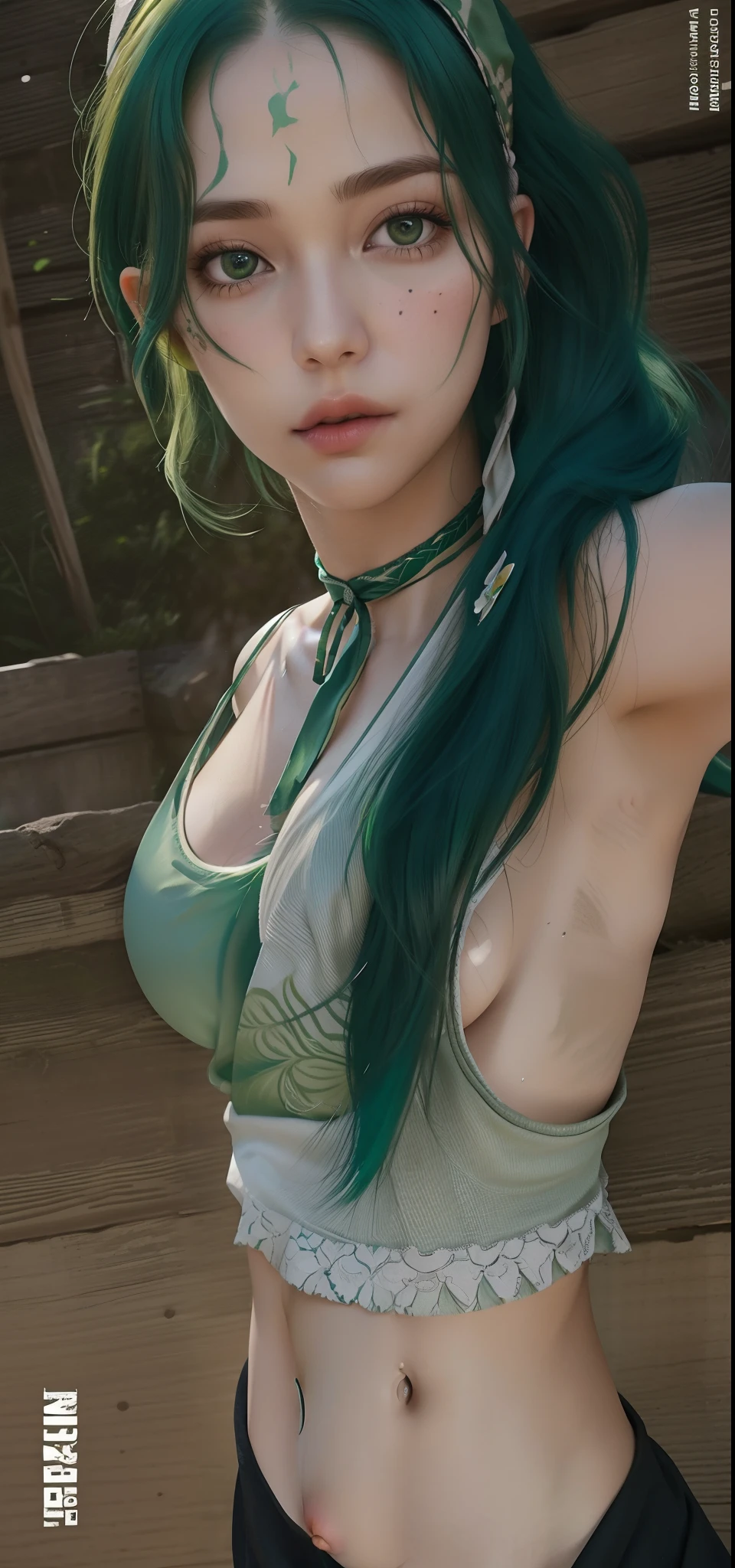 a close up of a woman with green hair and a bandana, upper body close up, detailed unblurred face, close up half body shot, upper body close - up, ! split hair dye!, close up bust shot, big breast, green flowing hair, [ 4 k photorealism ]!!, wearing shiny breastplate, in game, neck zoomed in from lips down