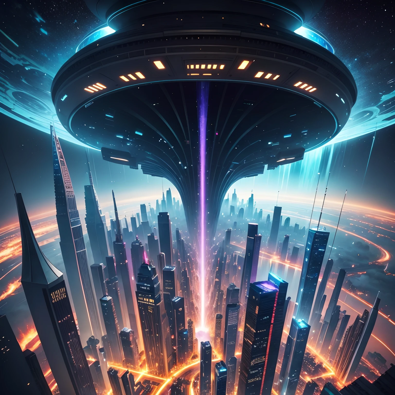 Space City、futuristic cities、floating in the universe、ＳＦart by，cyberpunked、The streets are lined with skyscrapers、A space station、Skyscrapers tall through the clouds，top-quality、​masterpiece、dream、utopian、planet earth、World of Dreams、Fantasia、𝓡𝓸𝓶𝓪𝓷𝓽𝓲𝓬、Beautiful city、Space City、A world far beyond human creation，There is a huge waterfall，