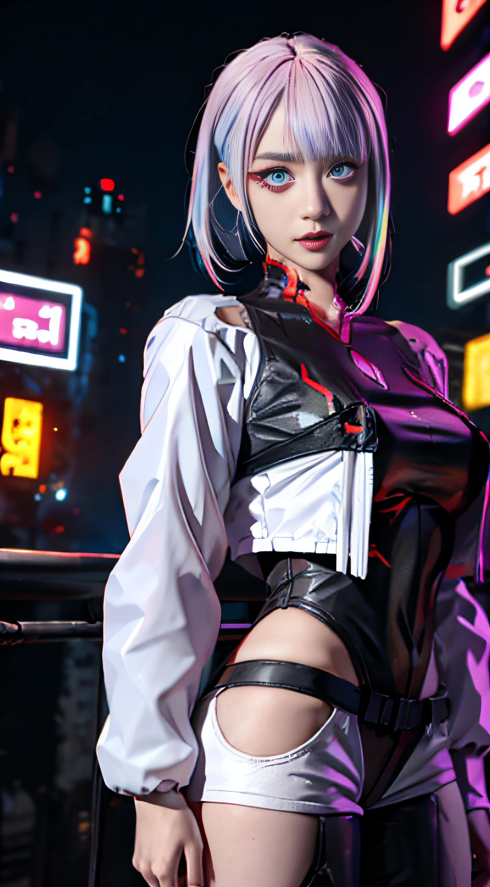 lucy \(cyberpunk\), 1girl,  hair scrunchie, hime cut, silver hair, colored tips, full moon, grey eyes, jacket, long sleeves, looking at viewer, medium hair, multicolored hair, parted bangs, parted lips, pink hair, portrait, red eyeliner, red lips, solo, white jacket, cyberpunk \(series\), rainy night in a cyberpunk city with glowing neon lights