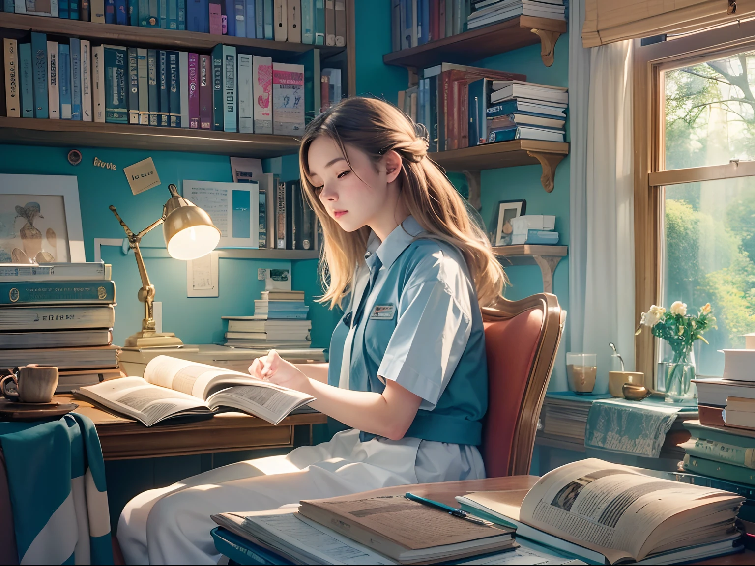 15-year-old girl reading a book, MAC MAC ON THE DESK, bookshelves, The study is a blue and white series, Sunlight outside the window.