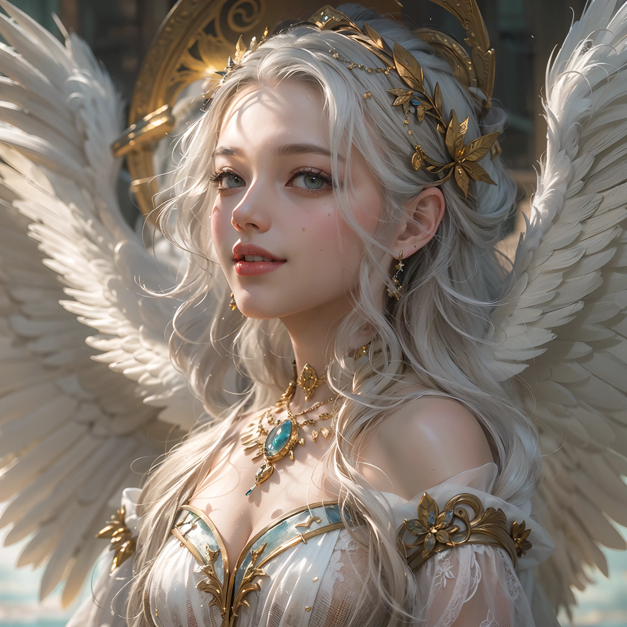 masterpiece, highest quality, 8k, real person, realistic, Very detailed CG, shiny skin, Fully focused, heaven, glory of god, shine, Angel, bless, happiness,