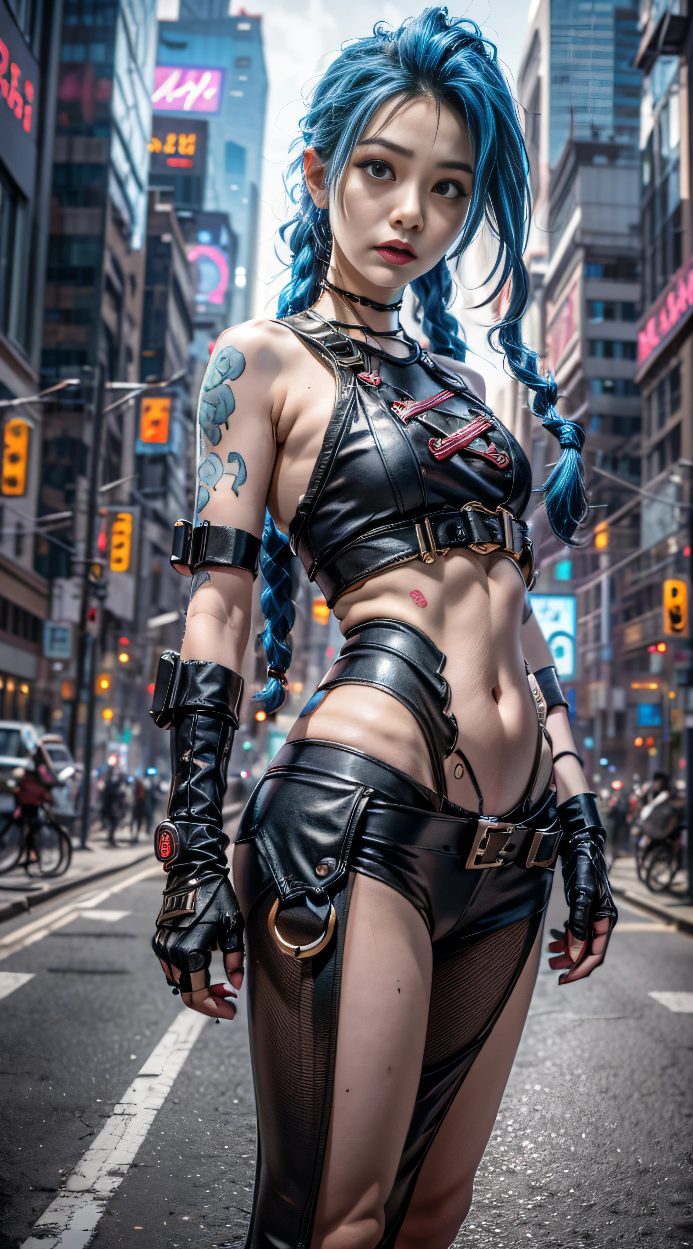 （Cyberpunk Cityscape 1.5）((Jinx), (Ultra-wide angle lens 1.5 ), self-shot, Cowboy shot, Wind,, cyberpunk city landscape, (Aesthetics and atmosphere:1.2),Grim expression，irate，tosen