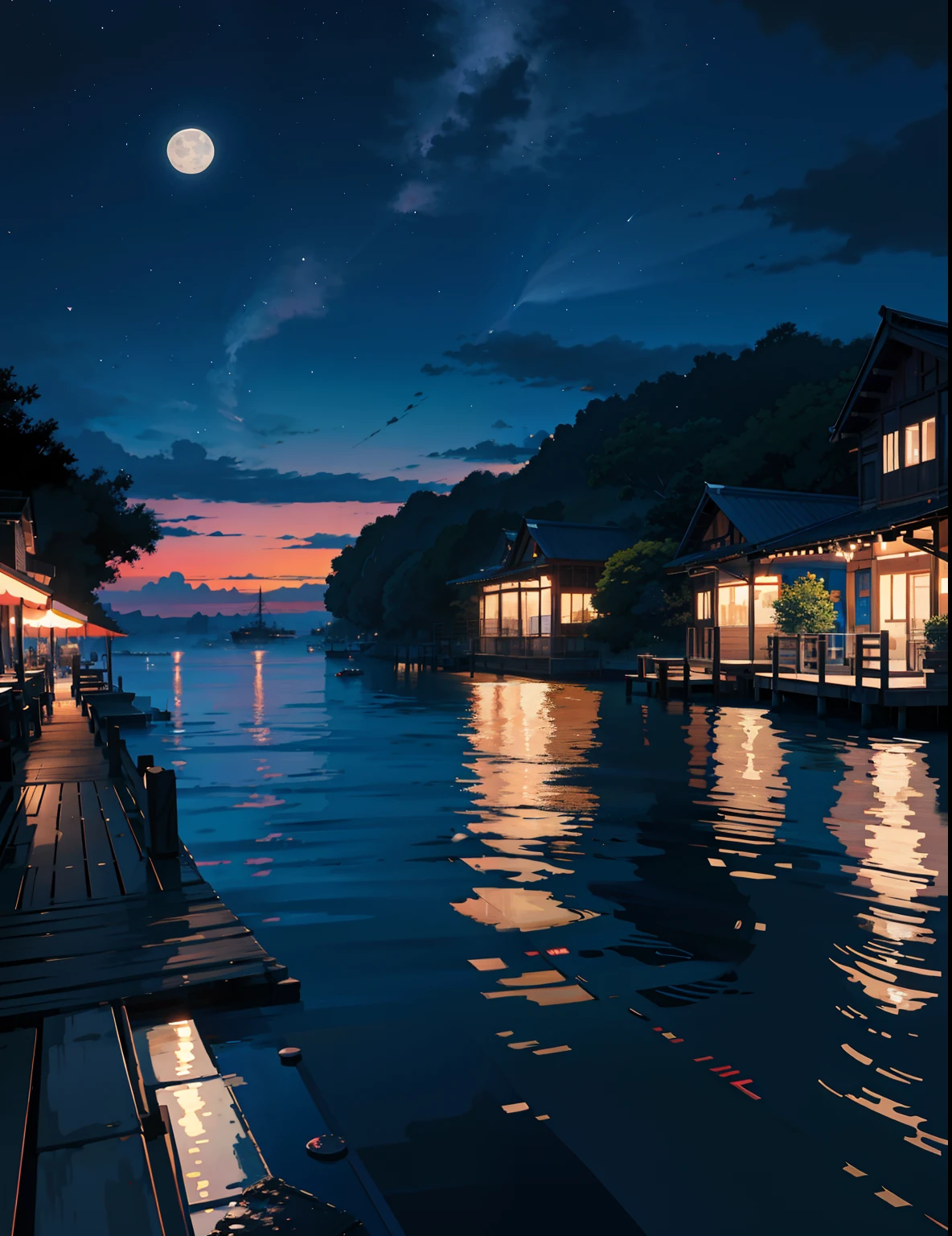 painting of a neon moonlight,dock areas, Bougainville decoration , 4k hd, moonlight, cloud,ocean, moonlight reflection,beautiful art uhd 4 k, a beautiful artwork illustration, beautiful digital painting, highly detailed digital painting, beautiful digital artwork, detailed painting 4 k, very detailed digital painting, rich picturesque colors, gorgeous digital painting