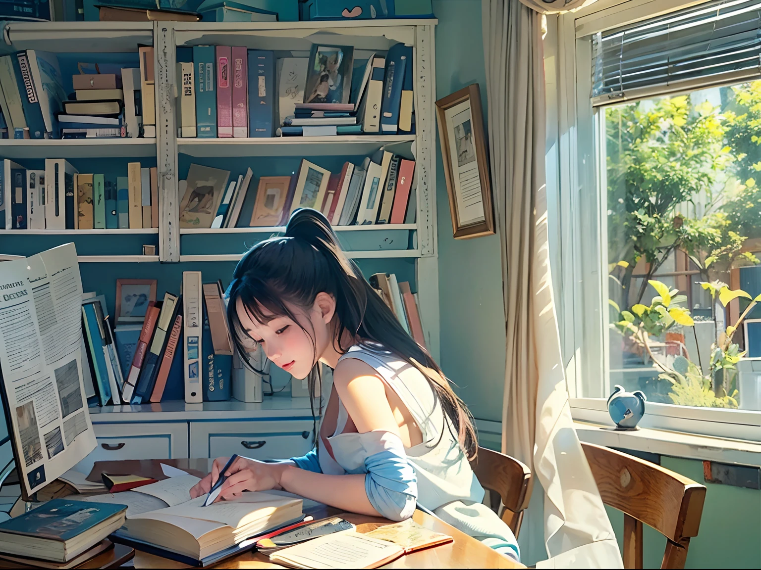 -yeld gireading a book, MAC MAC ON THE DESK, bookshelves, The study is a blue and white series, Sunlight outside the window.
