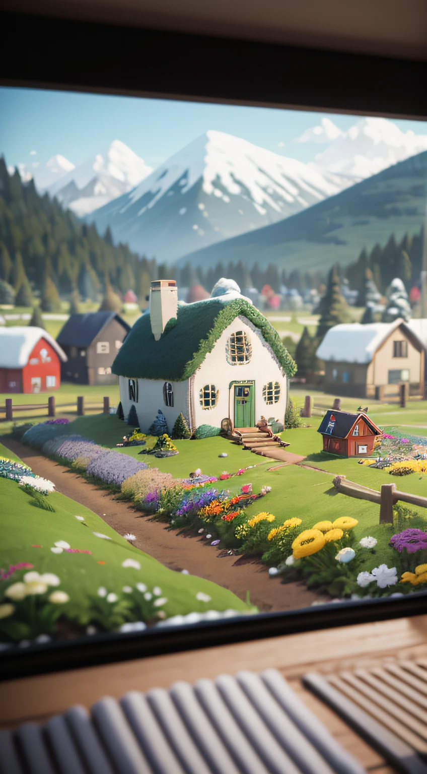cute world of wool felt, wool knitted fabric, colorful house, cartoon, big farms, sheeps, green grass, snowy mountrain, flower, super cute, superb lighting, volumetrics, by Jon Klassen, Ghibli Studio style, Tilt - shift, 80mm lens, Large aperture, 3d, blender, masterpiece, super detail, best quality