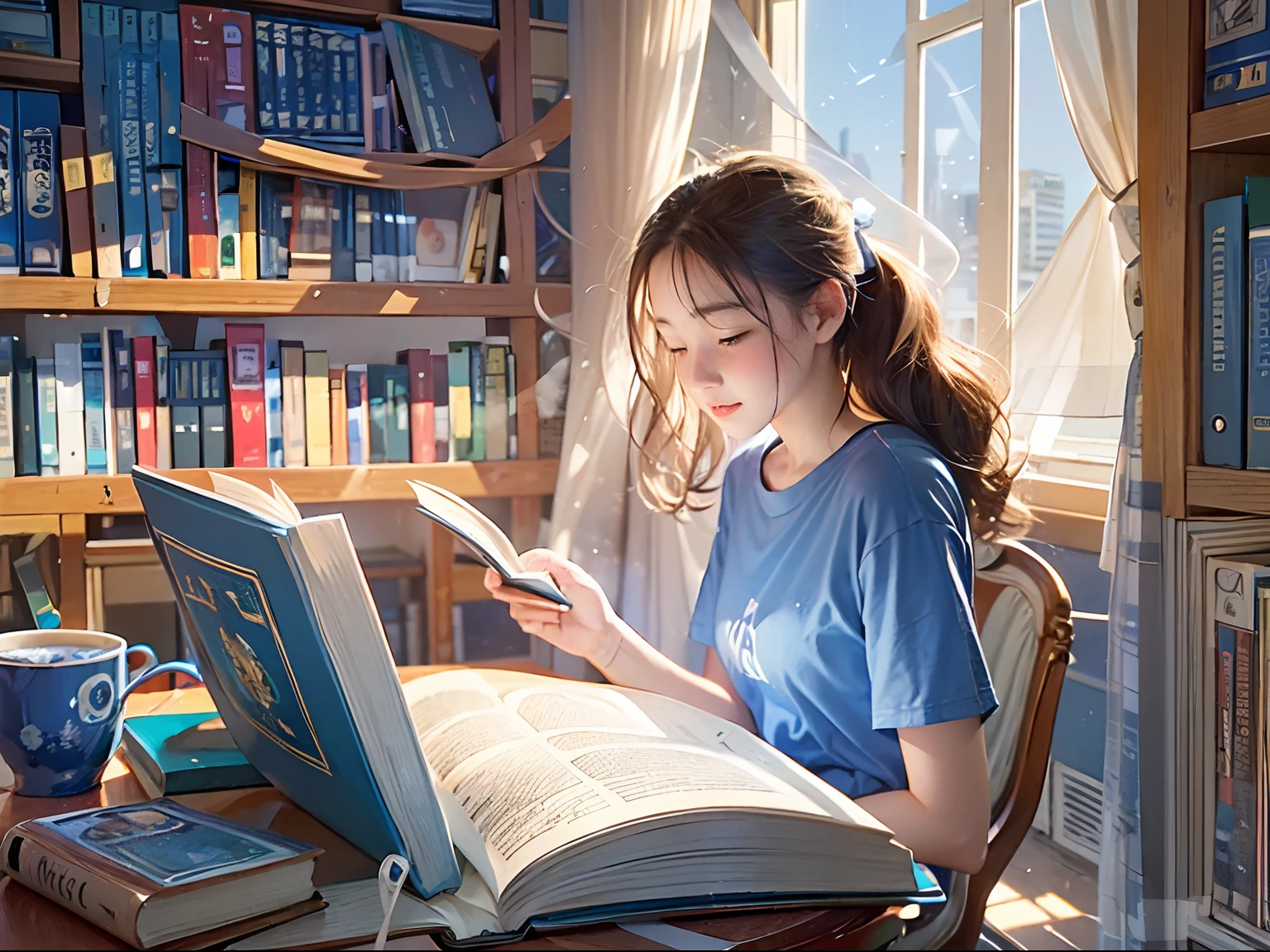 15-year-old girl reading a book, MAC MAC ON THE DESK, bookshelves, The study is a blue and white series, Sunlight outside the window.