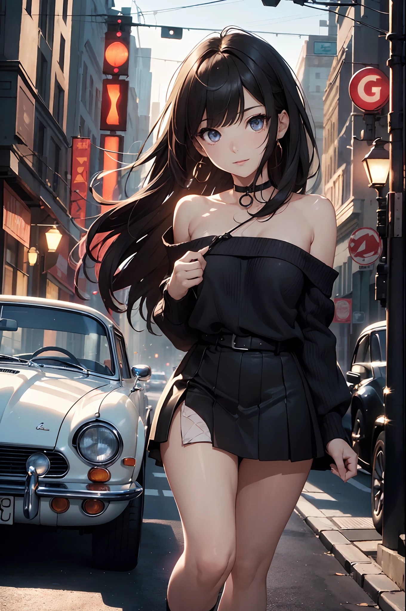 (Official art、Best Quality、Unity 8k Wallpapers、32K、masterpiece、ultra-detailliert、超A high resolution、realisitic、Photorealsitic:1.2)、(Cinematic lighting:1.2)、Fireglow effect、film grains、Best Shadows、Rim lighting、side lights、sideshot、(Ultra-detailed and complex 3D rendering)、Detailed beautiful face and eyes、A slender、Medium bust、(Full body:1.2)、 Highly detailed background、beauitful face、blurry backround、-yeld beiful girl、(super detailed skin、detailed skin textures:1.3)、chestnut bristles、Brown-eyed、Hip Hop Cable、off shoulders、jumper skirt、Black stockings、(thighs thighs thighs thighs:0.8)、Knitted sandals、City at night、Open your mouth and smile gently、a choker、dynamicposes、(Classic car on woman background、Woman illuminated by headlights:1.2)
