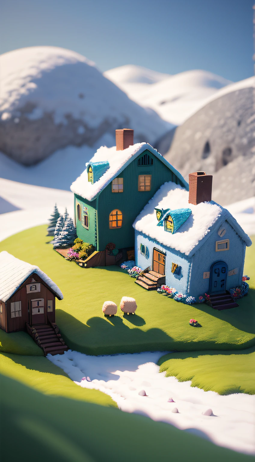 cute world of wool felt, wool knitted fabric, colorful house, cartoon, big farms, sheeps, green grass, snowy mountrain, flower, super cute, superb lighting, volumetrics, by Jon Klassen, Ghibli Studio style, Tilt - shift, 80mm lens, Large aperture, 3d, blender, masterpiece, super detail, best quality