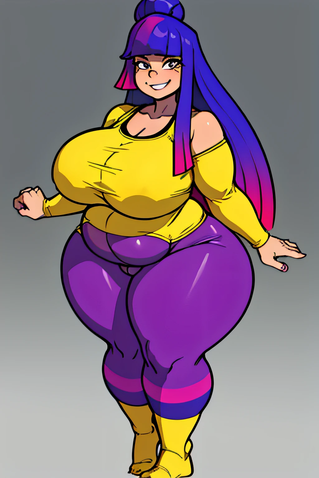 standing, wearing black tanktop undershirt and yellow croptop, blue jacket_around_waist, purple tights, solo, solo focus, (photorealistic:0.7), detailed, looking at viewer, multicolored hair, long hair, 1girl, masterpiece, high quality, plain background, (smiling:0.7), happy, joy, (thicc:0.5),Obese, Big Bump pregnant, Big boobs, Big pregnant Belly, Big Pregnant girl, Largest Belly of Pregnant, Huge Pregnancy, Huge 9 months Pregnancy Belly, huge belly expansion, huge belly girl
