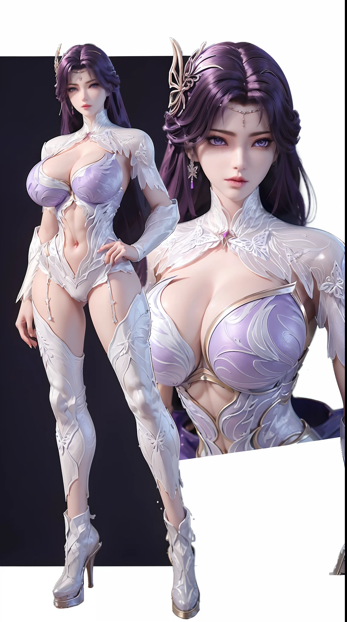 (DRAGON QUEEN HELM), (ULZZANG), (HUGE FAKE BOOBS:1.2), (PURPLE, WHITE), (FUTURISTIC MECHA CROP TOP:1), (CLEAVAGE), (SKINTIGHT YOGA PANTS:1), (HIGH HEELS), (PERFECT BODY:1.2), (FULL BODY:1.2), (LOOKING AT VIEWER), (STANDING:1.3), SEXY BODY, (MUSCLE ABS:1), UHD, 8K, 1080P.