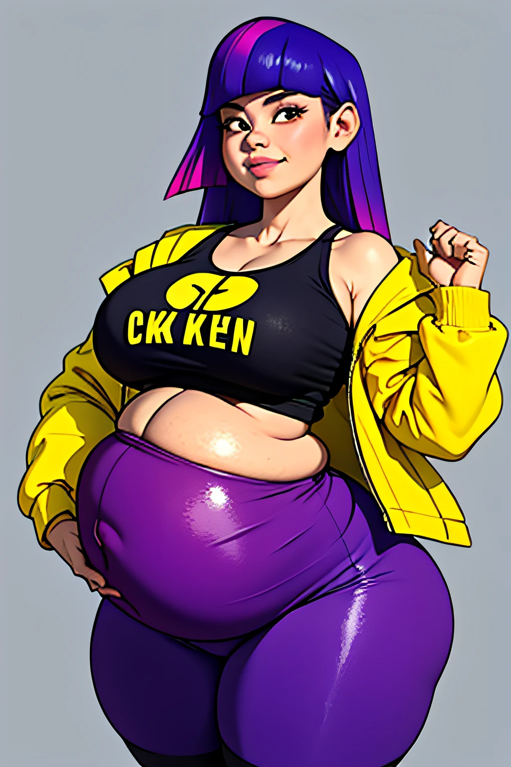 standing, wearing black tanktop undershirt and yellow croptop, blue jacket_around_waist, purple tights, solo, solo focus, (photorealistic:0.7), detailed, looking at viewer, multicolored hair, long hair, 1girl, masterpiece, high quality, plain background, (smiling:0.7), happy, joy, (thicc:0.5),Obese, Big Baby Bump pregnant, Big boobs, Big pregnant Belly, Big Pregnant girl, Largest Belly of Pregnant, Huge Pregnancy, Huge 9 months Pregnancy Belly, huge belly expansion, huge belly girl