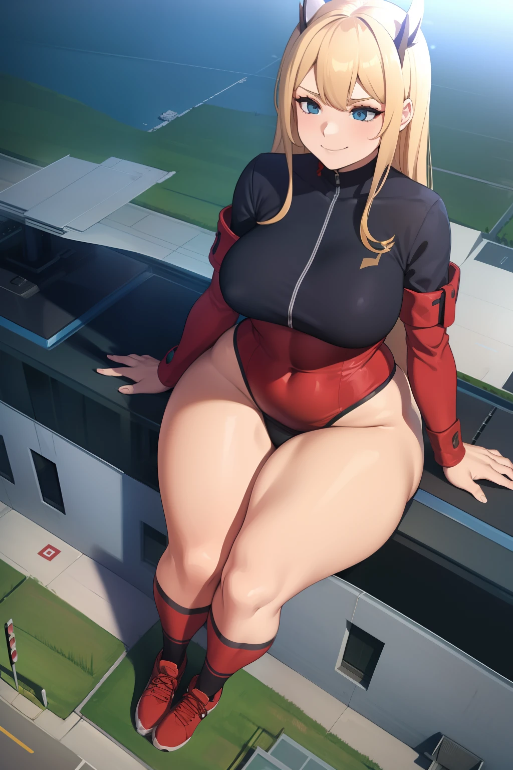 GTS, giantess, curvy, busty, smirk, evil, thick thighs, landscape, aerial view