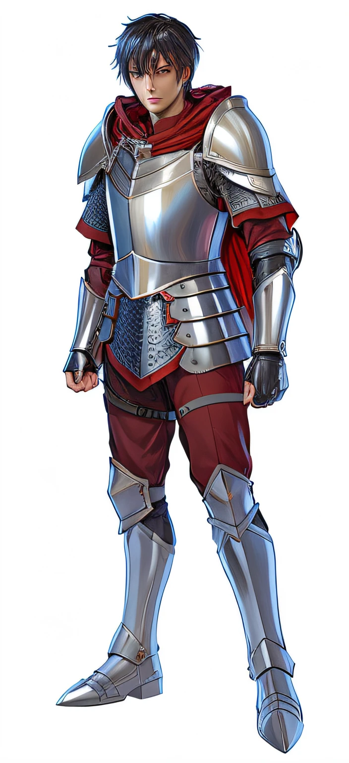 anime male knight in shiny metal and chainmail armor, red cloak, masterpiece, art by Greg Rutkowski, detailed