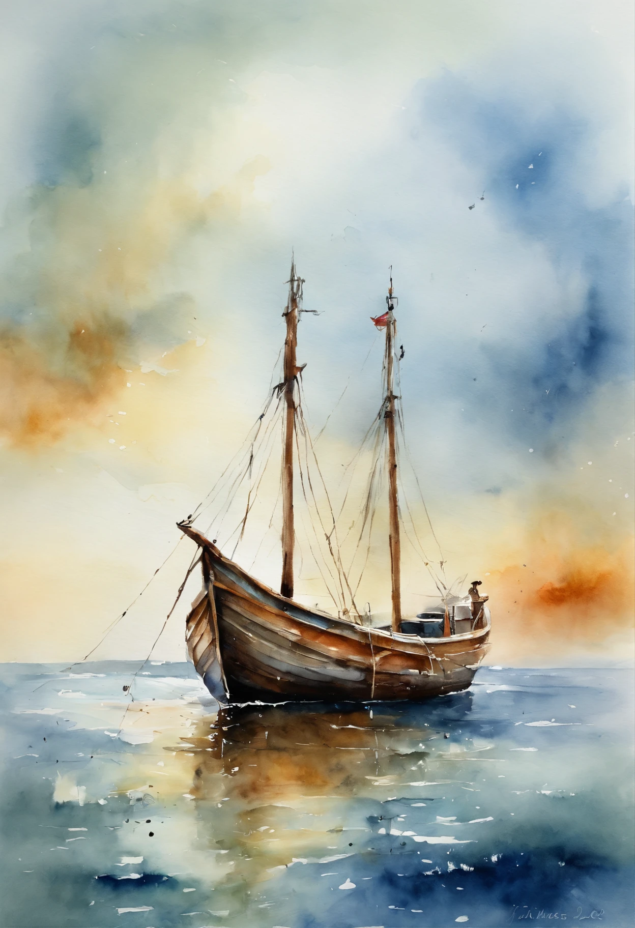 Best Quality, masutepiece, 超A high resolution, (photos realistic:1.4), surrealism, dream-like,fusionart，fishing boat on the sea