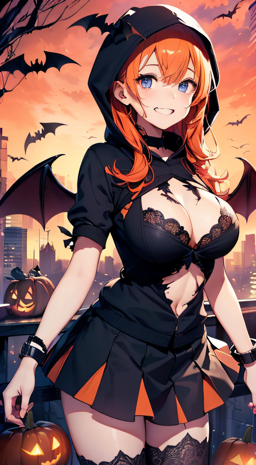 top-quality、Top image quality、masterpiece、s girl((18year old,Succubus、Black and orange tattered tank top,Tattered orange and black short skirt、Tattered orange short-sleeved hoodie、Wearing a hood,Best Bust、Bust 85、A dark-haired、Longhaire,Blue eyes、open chest wide、Valley、Happiness、A slender、Blood coating、Leaning forward、Prank、Laughing mouth、Pointed teeth、Black wings、Pampering、Emphasis on the chest、clow pose、Bats tattoo))hiquality、Beautiful Art、Background with((A city scape、Red sky、Halloween at night、the bats、pumpkins,Nightmare))、masutepiece、Elaborate design、visualart、Theatrical films