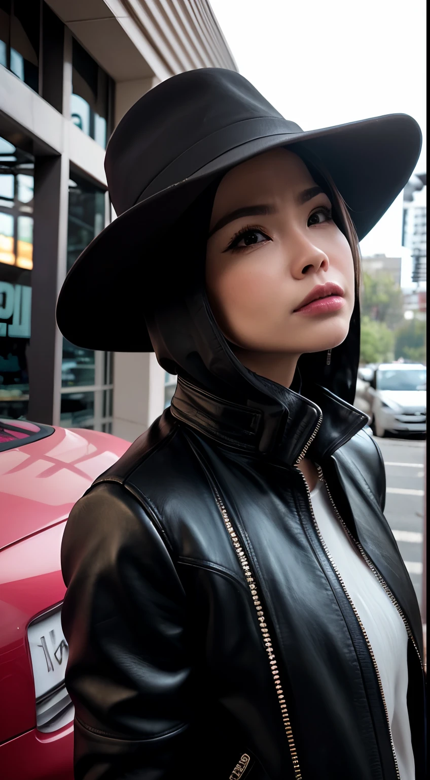 A close-up shot of a woman with a serious expression, wearing a black leather jacket and a fedora, The background should be out of focus and feature a gritty, urban setting