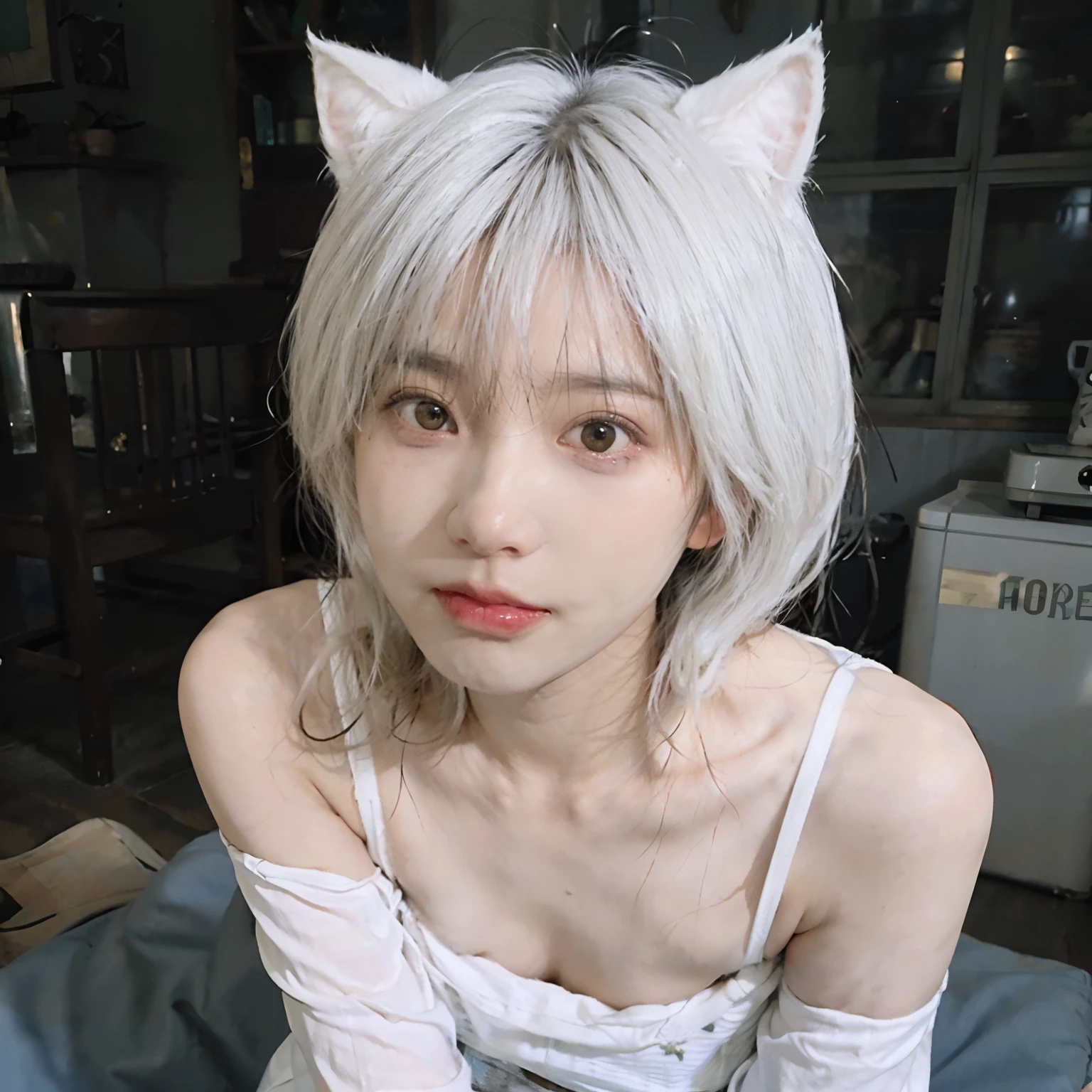 8K、(Sexy poses collection)、(((White hair color))) 、undersized head、Best Quality, masutepiece, 超A high resolution, (Realism: 1.4), Realistic Photos, (True skin texture: 1.3), (Film grain: 1.3), Beautiful eyes and face details, masutepiece, Best Quality, Full body、bob cuts、18year old、(((White cat ears grow)))