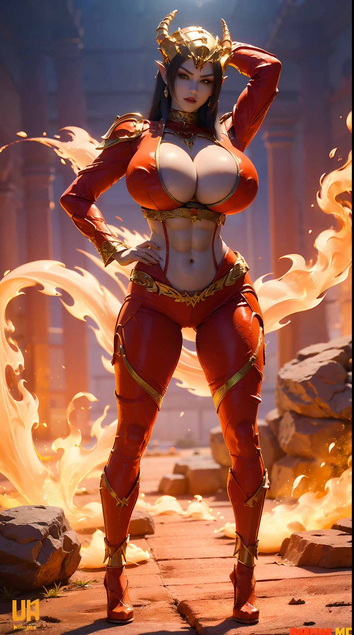 (DRAGON QUEEN HELM), (ULZZANG), (HUGE FAKE BOOBS:1.2), (RED FUTURISTIC MECHA CROP TOP:1), (CLEAVAGE), (SKINTIGHT YOGA PANTS:1), (HIGH HEELS), (PERFECT BODY:1.2), (FULL BODY:1.2), (LOOKING AT VIEWER), (STANDING:1.3), SEXY BODY, (MUSCLE ABS:1.3), UHD, 8K, 1080P.