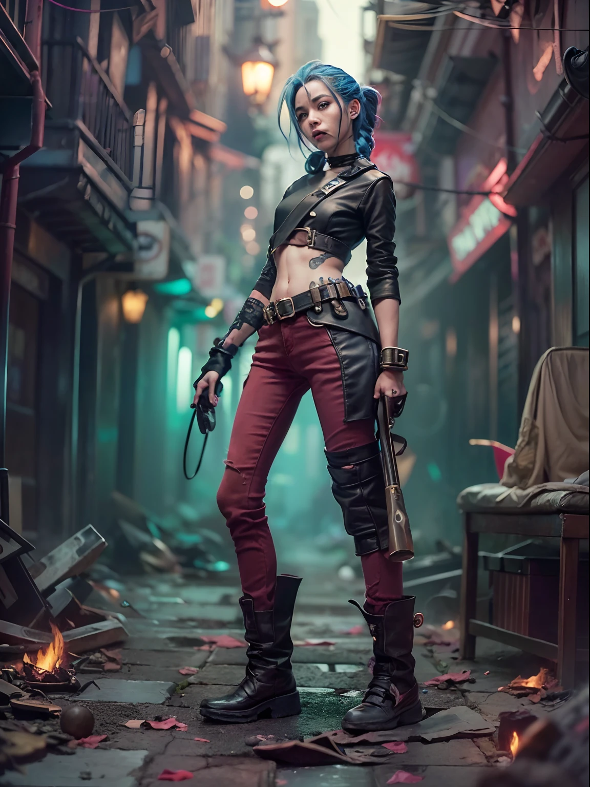 (((best qualtiy)),((tmasterpiece)),(The is very detailed:1.3),。.。.。.。.。.。.3D,Mystery style,In the dark and resilient dystopian city of Piertofer,Plagued by violence and split into two opposing factions,A young child prodigy named Jinx appears。After enduring unimaginable losses and abandonment,She embraced a life of chaos and destruction。Jinx is known for his creative and explosive abilities,Become an idol against the oppressive forces that control the city。Sin embargo,She is haunted by guilt and inner demons,She must face her past,And decided to continue on the path of anarchy,Or seek salvation in the midst of turmoil。Explore the journey of Jinx,She sails through a dangerous world,Fight for survival,Uncovering Secrets,And discover the true meaning of her distorted existence,Chaos reigns supreme,And at the heart of it all is Jinx,The embodiment of unpredictability。Delve into Jinx's twisted mind,exploring the origins of her madness and the driving force behind her destructive nature。Uncover the moments that molded her into the crazy and iconic character we know。Take us on a wild journey,Travel through the vibrant streets of Piertover and the gloomy hinterland of Zaun,Jinx wreaks havoc with her explosive arsenal。Can salvation enter Jinx's broken soul?Or will she always dance on the edge of sanity,Embrace the chaos that drives her existence?The fate of Arcane hangs in the balance,Because Jinx's path is intertwined with unlikely allies and formidable enemies。Ignite your imagination,A vivid portrait depicting Jinx's twisted mind,Capture the essence of her madness and the spirit that defines her,hdr(HighDynamicRange),Ray traching,NVIDIA RTX,Hyper-Resolution,Unreal 5,sub surface scattering,PBR textures,Post-processing,Anisotropy Filtering,depth of fields,Maximum clarity and sharpness,Many-Layer Textures,Albedo e mapas Speculares,Surface coloring,Precise simulation of light-material interactions,perfectly proportions), (fisheyelens), self-shot, Cowboy shot, Wind, Messy hair,