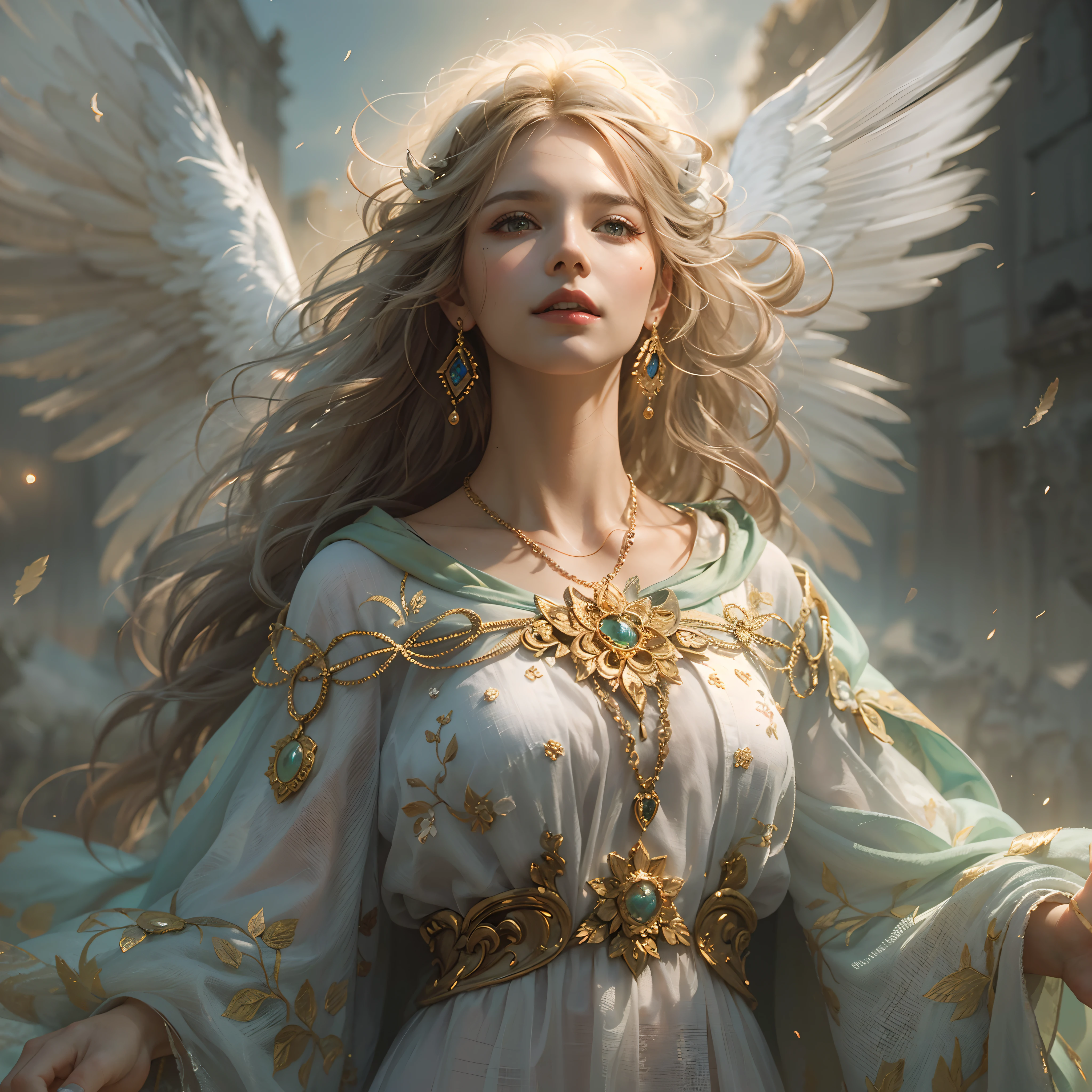 (Numerous award-winning masterpieces, stunning detail, texture & maximum detail), (A hyper-realistic:1.4), (realisitic:1.3), (Upper body up:0.3), (Full-body standing image:1.7), (best quality real texture skin), (True Circle Eyes in fine detail), (A delicate and beautiful face out of this world: 1.4), (A mighty outpouring of holy light, Warm and soft,: 1.4), ((Medieval world)), (The god of birth:1.4), (Divine Halo: 1.6), (full-body portrait:1.5), (The warmth of a loving mother), (There is joy in her eyes and a happy smile on her face: 1.3), (Open mouth and smile happily), (Beautiful eyes that sparkle), (Full-body standing image:1.7), (dramatic lighting), (A majestic sight), Her expression is full of tenderness and beauty, (Divine Splendor Magic Circle: 1.6), (Large wings with beautiful white feathers behind the shoulders: 1.3), (Wear a white hooded robe with an elaborate pattern..: 1.4), Folded wings, Earrings in a divine atmosphere of refined craftsmanship, Little angels followed, (((Dramatic photos))), (sunrise), (sunset), (Sunny), ((dramatic pose)), (Brilliant photos), (Golden hair), (Silver hair), (Chestnut Hair), ((inquiry)), ((Looking down)), (Full-body standing image courtesy:1.5), (On her neck is a simple necklace of exquisite workmanship), Old vegetation-infested ruins, Great temple, The Great Cathedral, Great Gentleman, Temple ruins, Detached temples, Ruins of an ancient castle, Desolate ruins, crumbling ruins, Ancient ruins with clear water, ripple, flowing water, A majestic mass of clouds and a glowing sky, epic realistic, murky, fine art, (Greg Rutkowski:0.8), (teal and orange:0.4), (Art Station:1.5), films, ((neutral colors)), (HDR:1.5), (muted colors:1.2), Hyper Detail, dramatic lighting, (intriciate detail:1.1), complicated background,