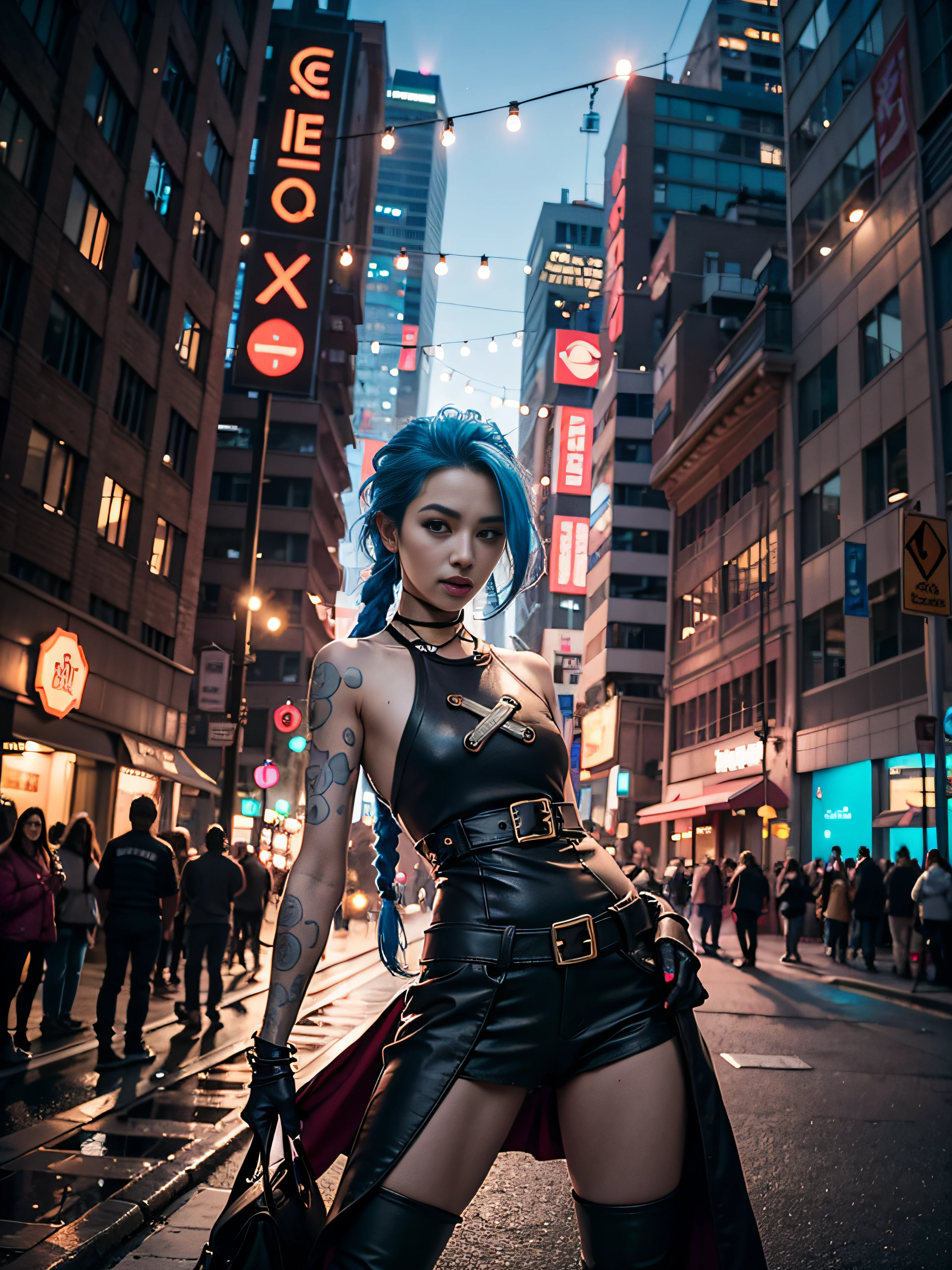 Cyberpunk-city,Just experienced the war,The streets are dilapidated,Jinx,Jinx stands on a pile of dead monsters,(Fisheye lens 1.3)(Selfie 1.2) wide wide shot,self-shot,guffaw,frenzied,Blue hair, with brown eye, ripped jeans, white t - shirt, jaqueta de couro, Side lighting, best qualtiy, A high resolution, sportrait , 50 mm, full framing, 4K 分辨率,Cinematic lighting,